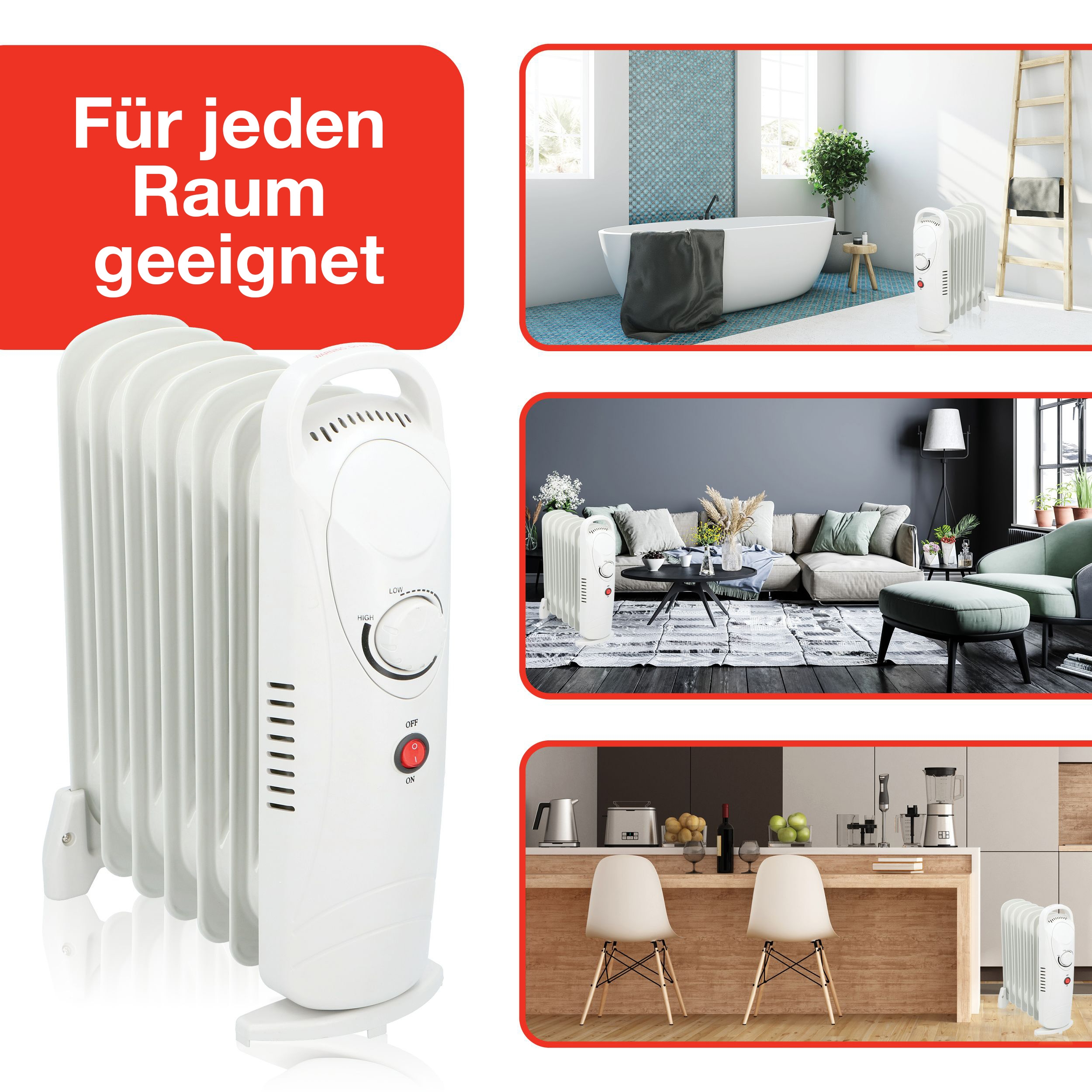 Termosifone ad olio bianco con diverse stanze sullo sfondo. Testo: Für jeden Raum geeignet.