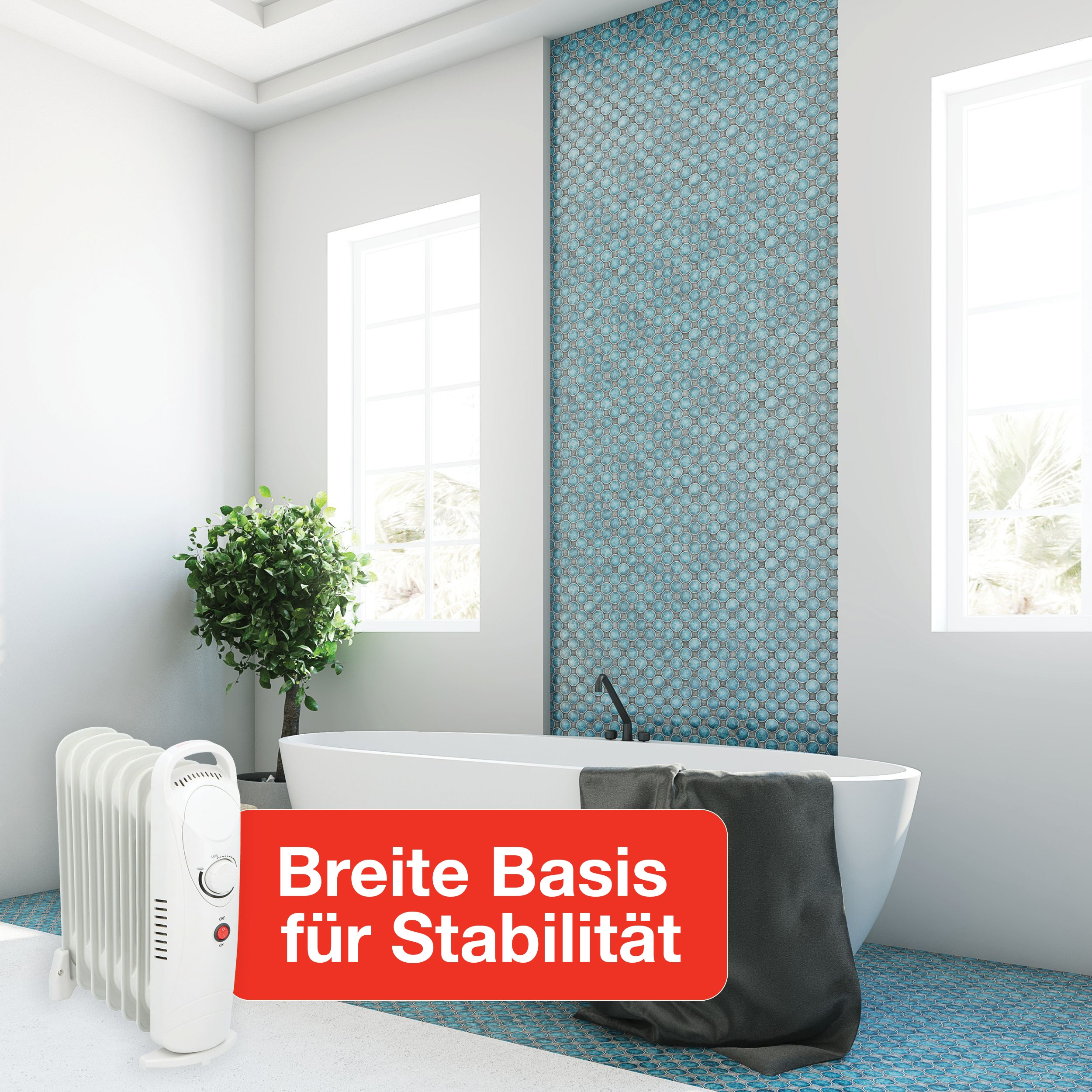 Un bagno con pareti bianche, una vasca da bagno e un radiatore con sovrapposizione di testo.
