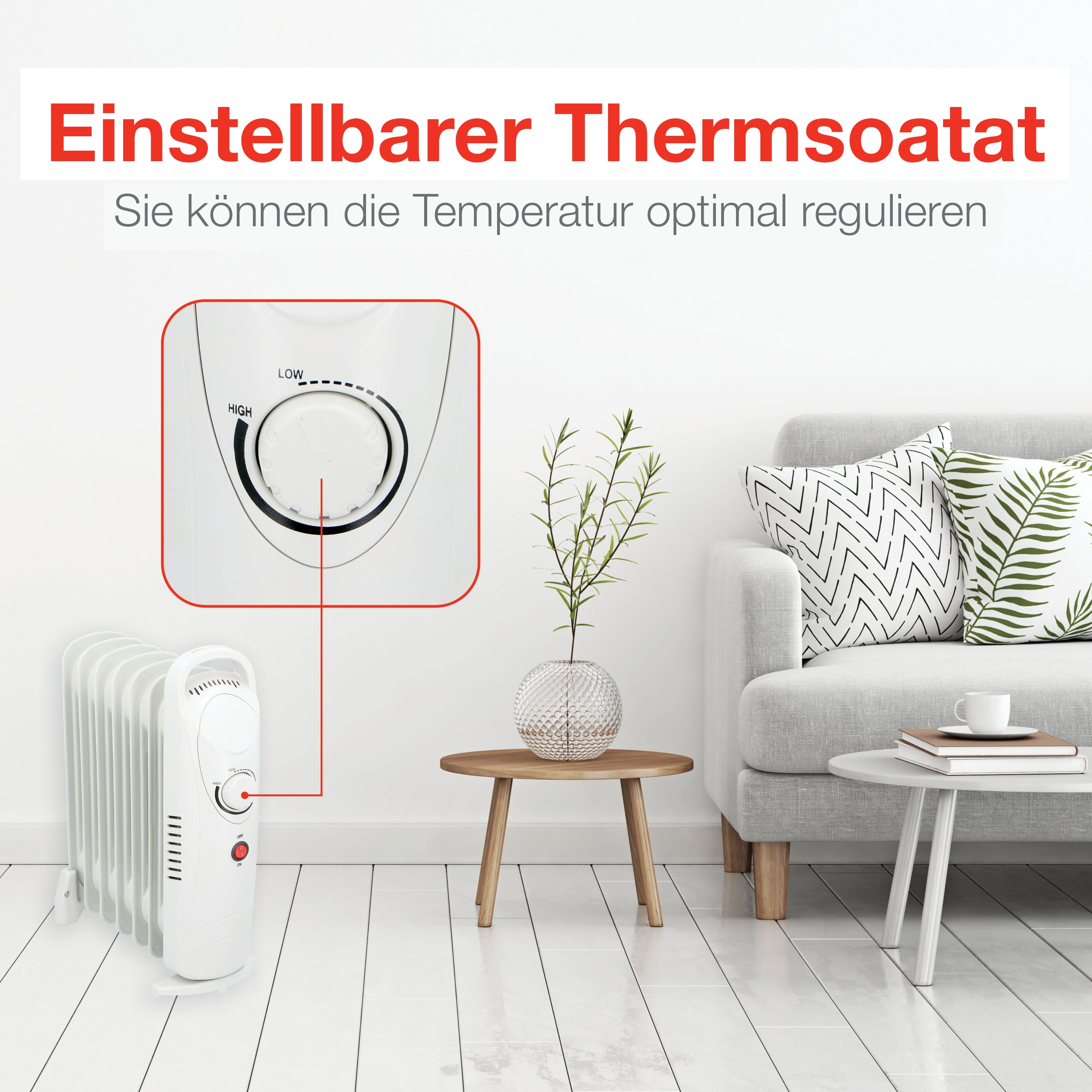 Un termoventilatore bianco con un quadrante, un tavolo e una pianta, con testo in tedesco.