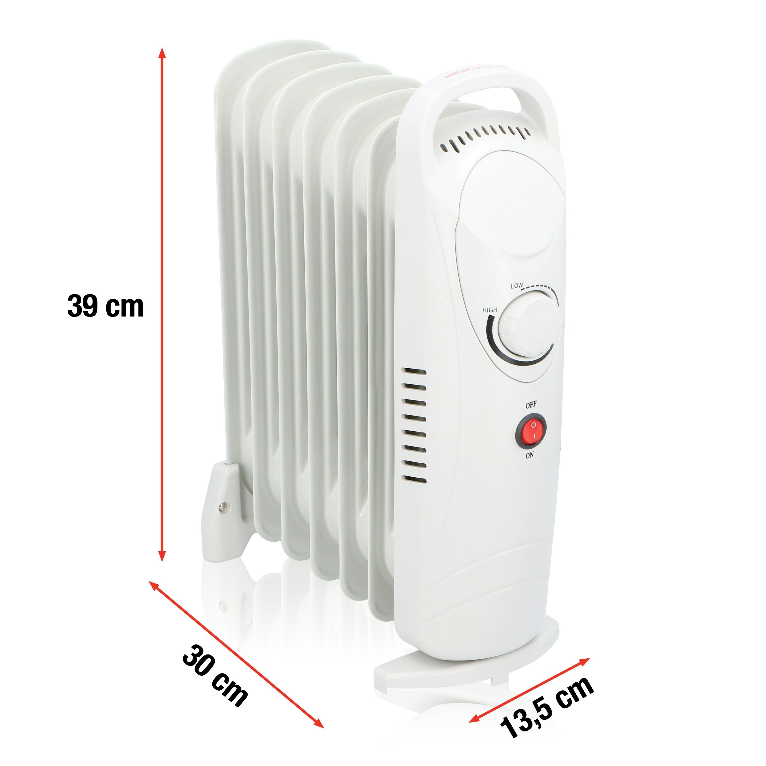 Termoventilatore elettrico bianco con dimensioni. Manopola, interruttore e alette.