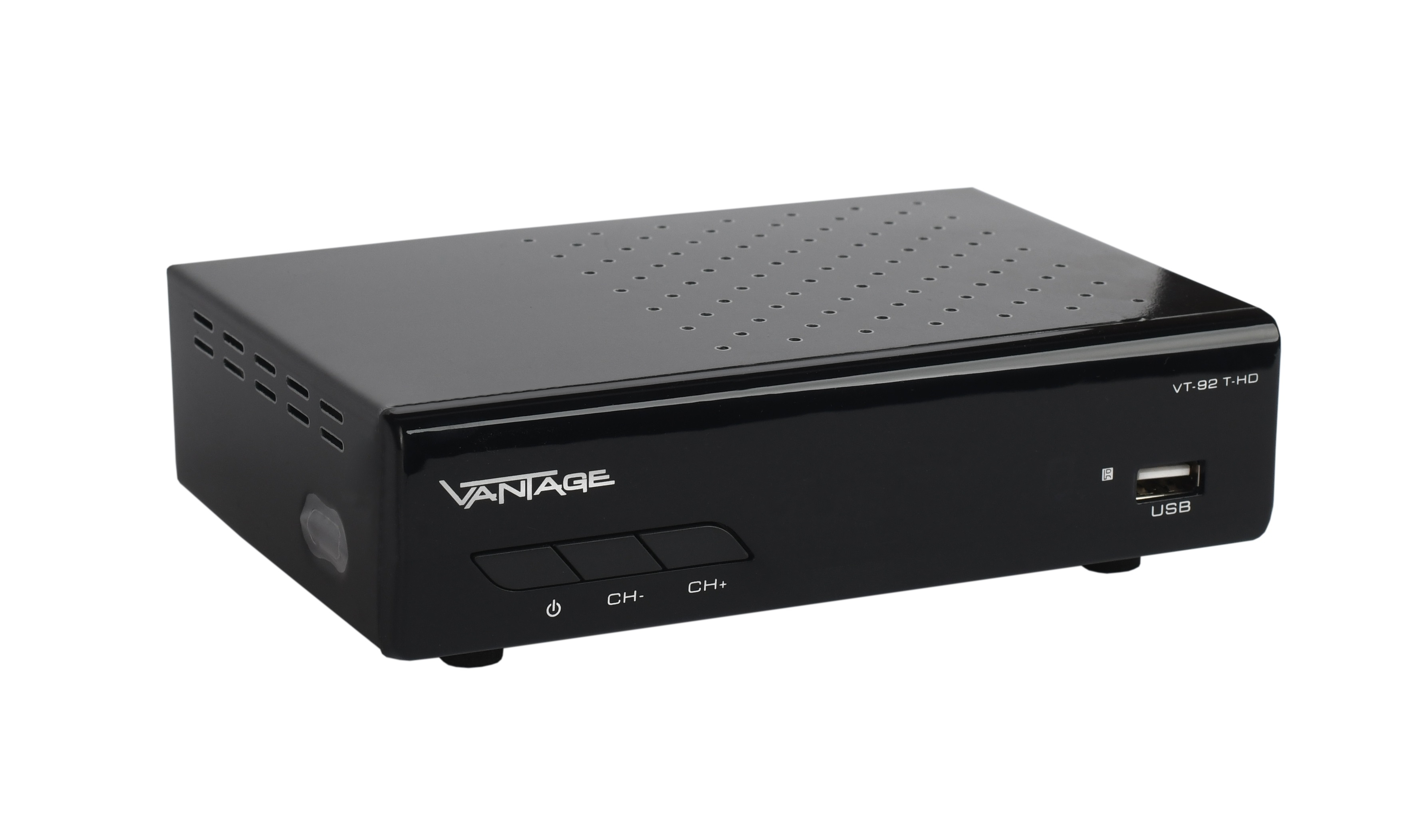 Schwarzer Vantage VT-92 T-HD-Receiver. Er hat einen USB-Anschluss und Tasten für Strom und Kanäle.