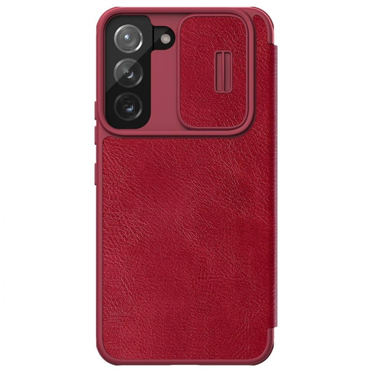 Rote Handyhülle mit Kameraabdeckung. Das Telefon befindet sich in der Hülle. Weißer Hintergrund.