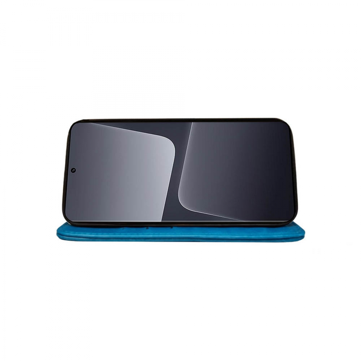 Ein Telefon steht auf einem blauen Ständer. Der Bildschirm zeigt einen hellen und dunklen Farbverlauf.