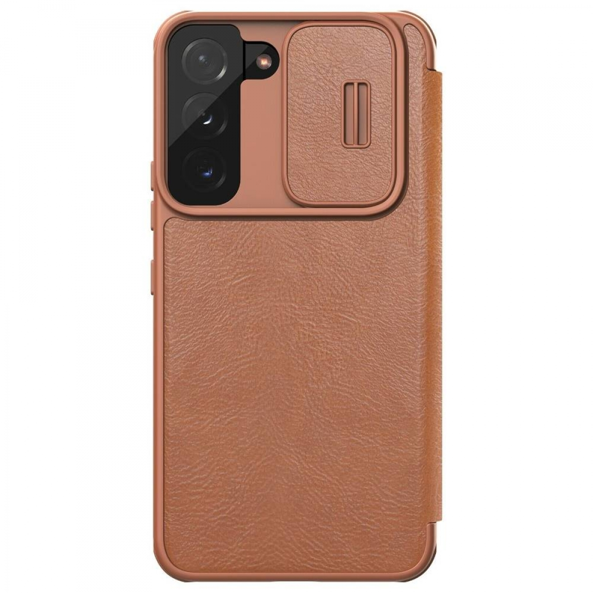 Eine braune Handyhülle mit Kameraabdeckung. Die Hülle ist geschlossen, und das Telefon ist nicht sichtbar.
