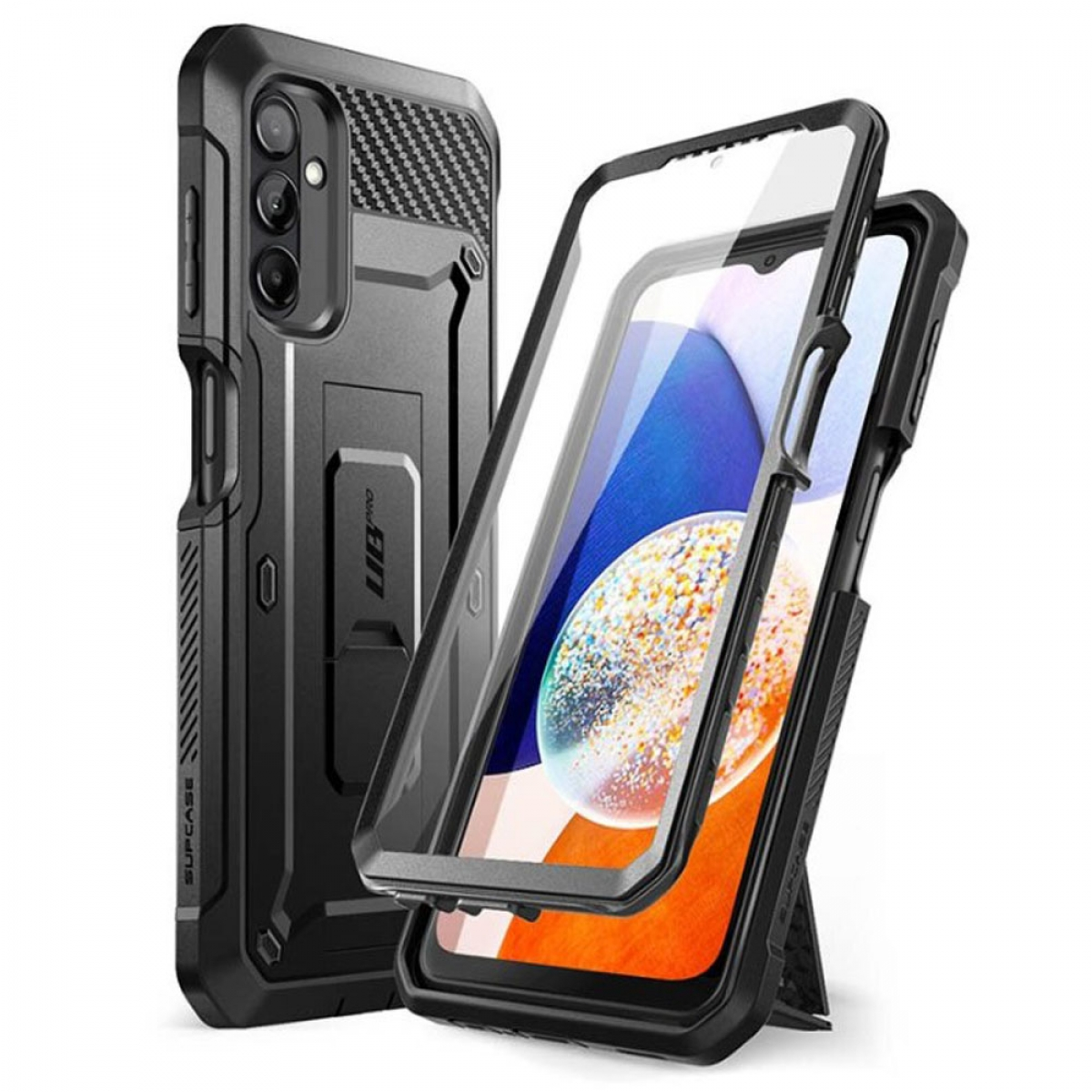 Schwarze Handyhülle, mit Displayschutzfolie und Ständer. Ein Telefon ist darin.