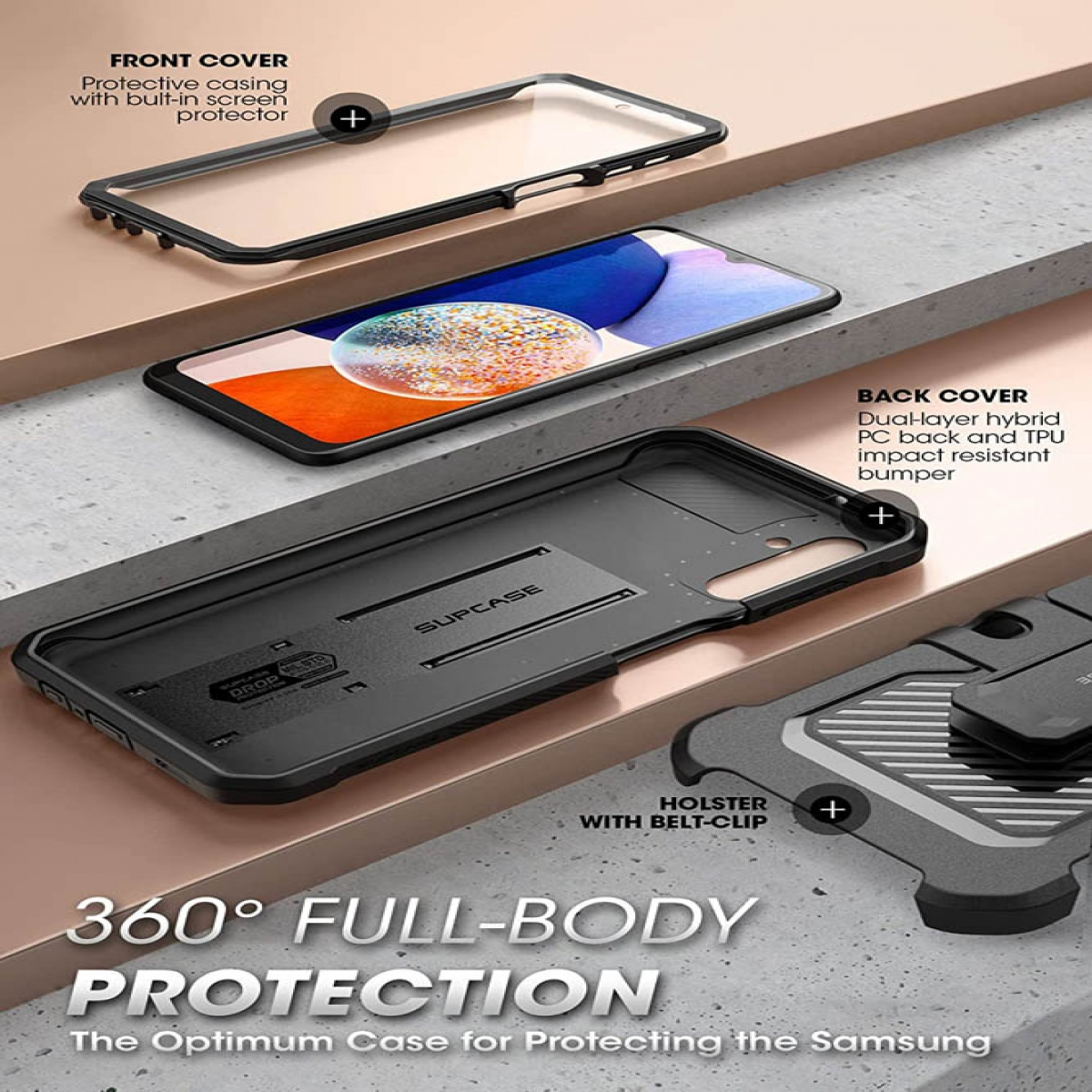 Handyhüllen-Komponenten: Frontabdeckung, Telefon, Rückabdeckung und Holster.