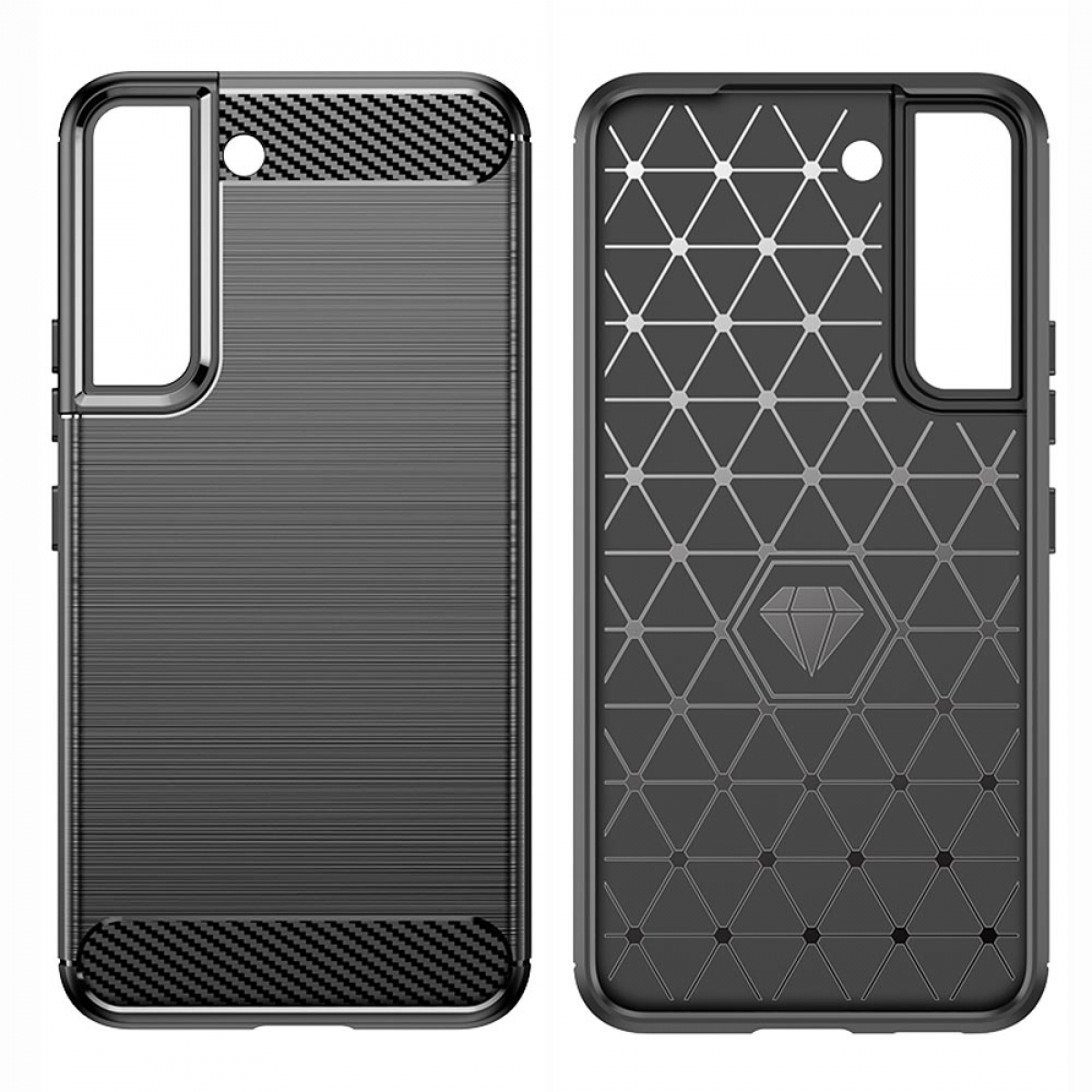Zwei Handyhüllen. Eine mit strukturiertem Design, die andere mit geometrischem Muster.
