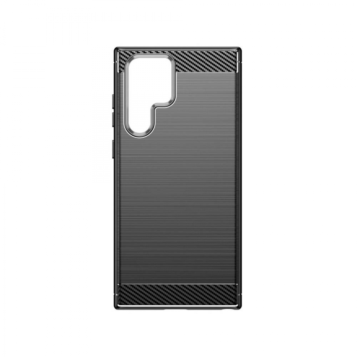 Schwarze Handyhülle mit strukturiertem Design. Die Hülle hat ein Kohlefaser-Muster.