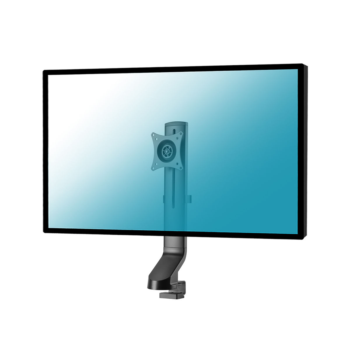 Computermonitor op een standaard gemonteerd. Het scherm is lichtblauw. De standaard is zwart.