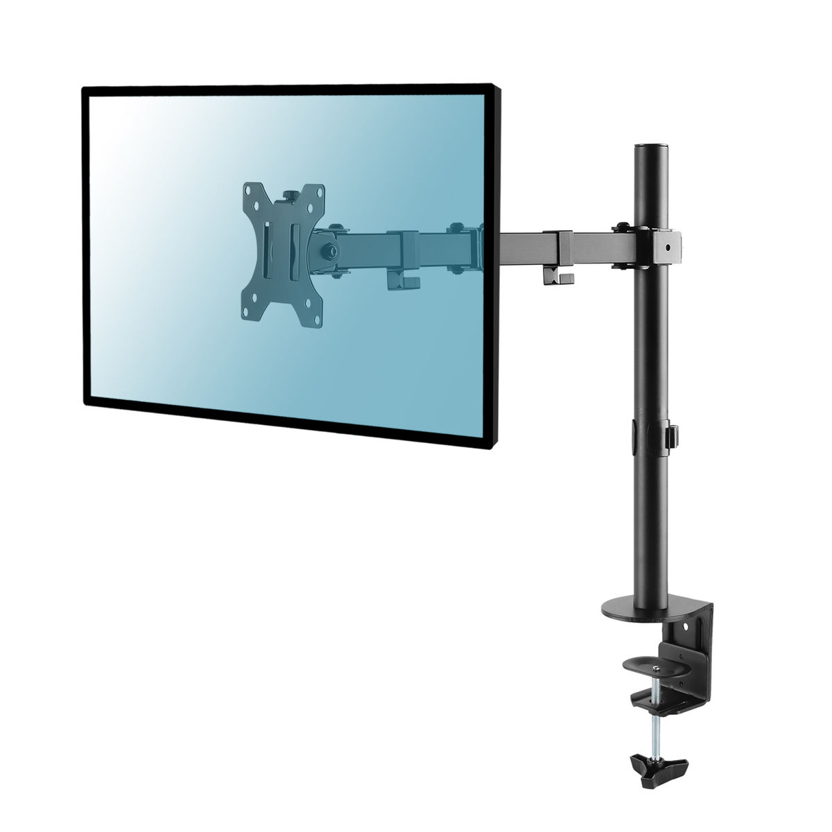 Monitorarm. Zwarte standaard, een scherm en een klem voor het bureau, allemaal op een wit oppervlak.