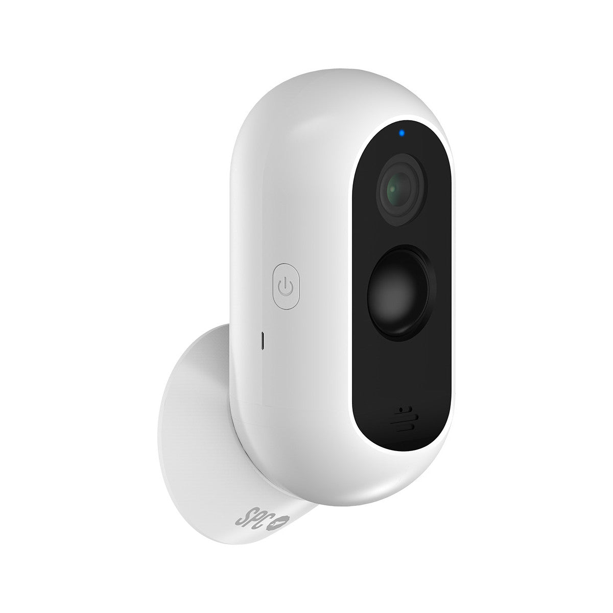 Biała kamera bezpieczeństwa na białym uchwycie ściennym. Ma czarny przód i niebieskie światło.