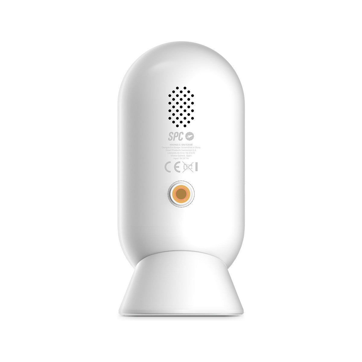 Biała kamera bezpieczeństwa. Okrągły obiektyw, otwory wentylacyjne i podstawa. Białe tło.