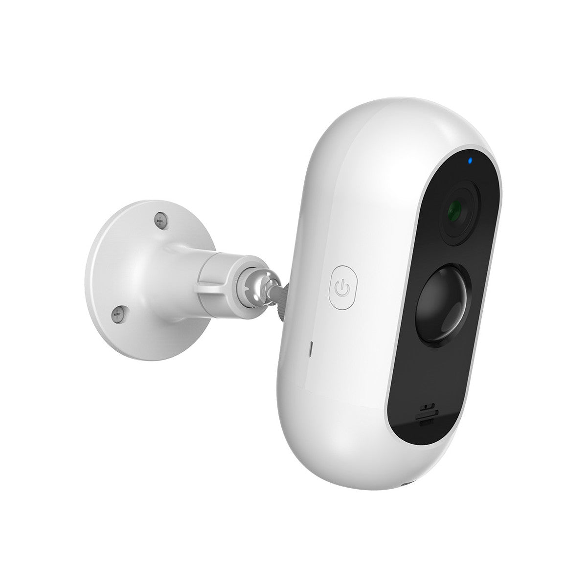 Biała owalna kamera bezpieczeństwa z czarnym przodem, zamontowana na białym uchwycie ściennym.