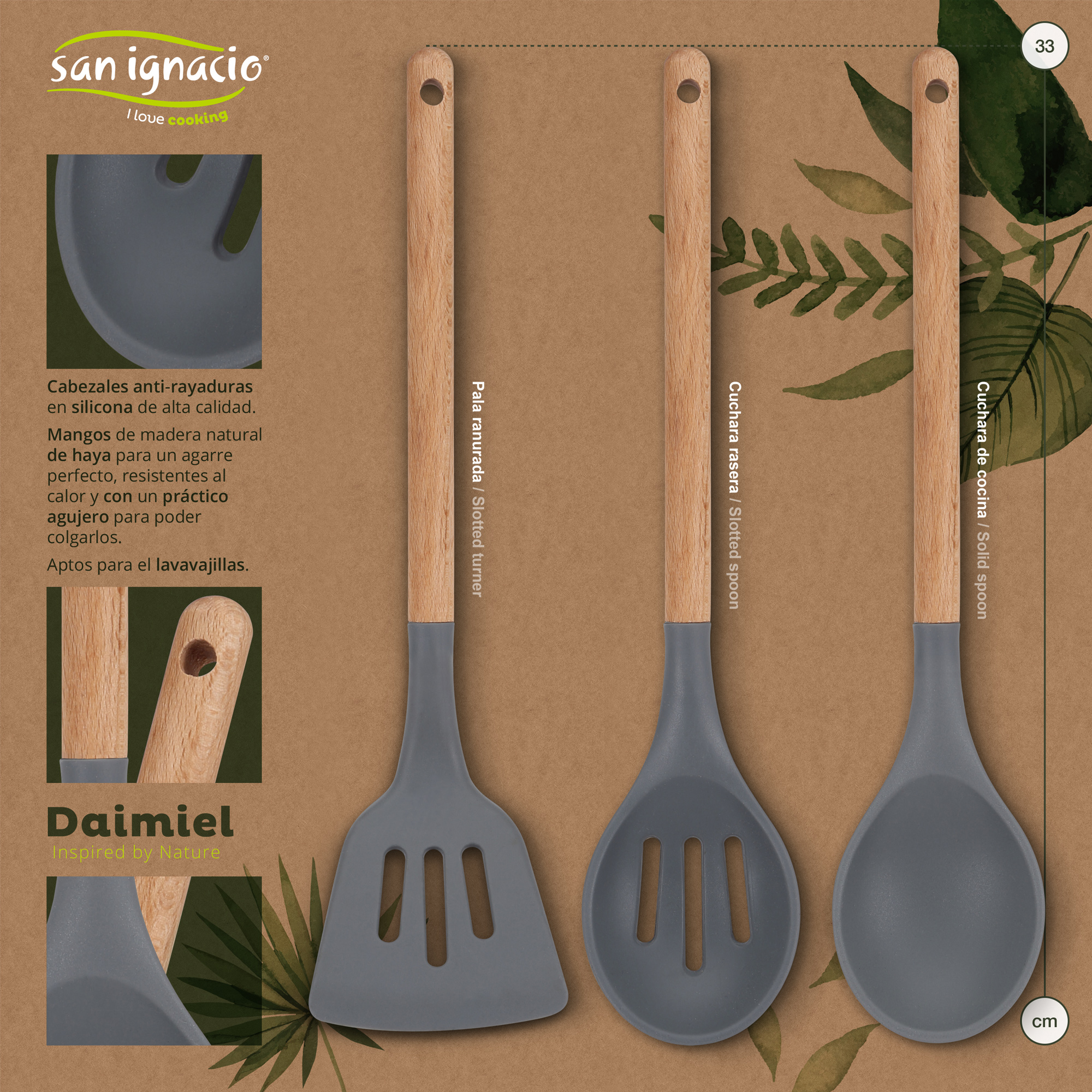 Tres utensilios de cocina con mangos de madera y cabezas de silicona grises.