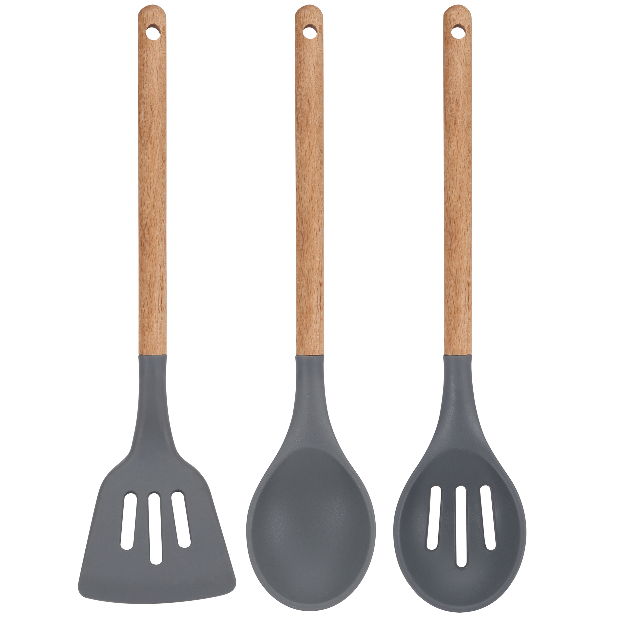 Tres utensilios de cocina con mangos de madera y cabezas de silicona grises, sobre blanco.