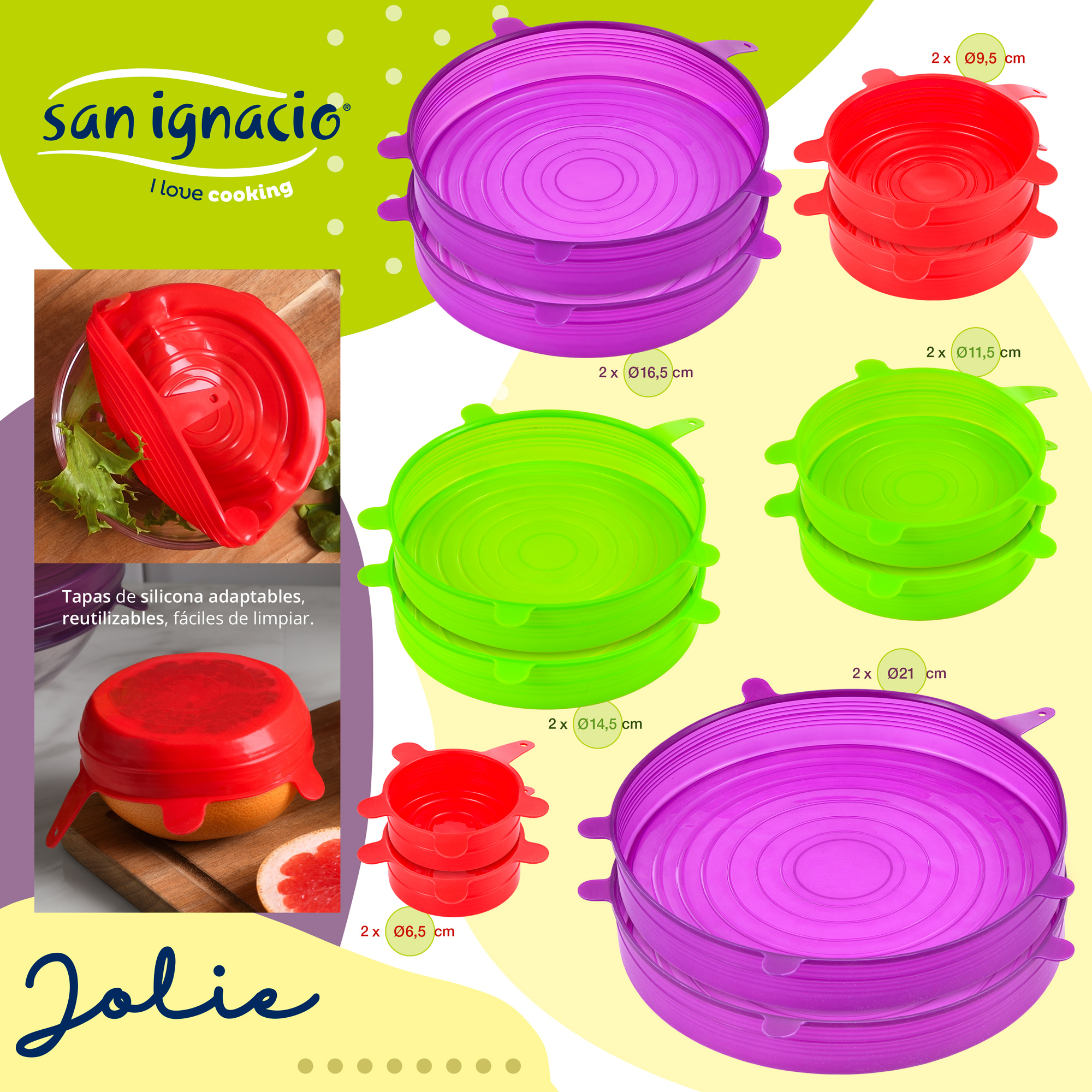 Tapaderas de silicona coloridas en varios tamaños, para cubrir alimentos, con fondo blanco.