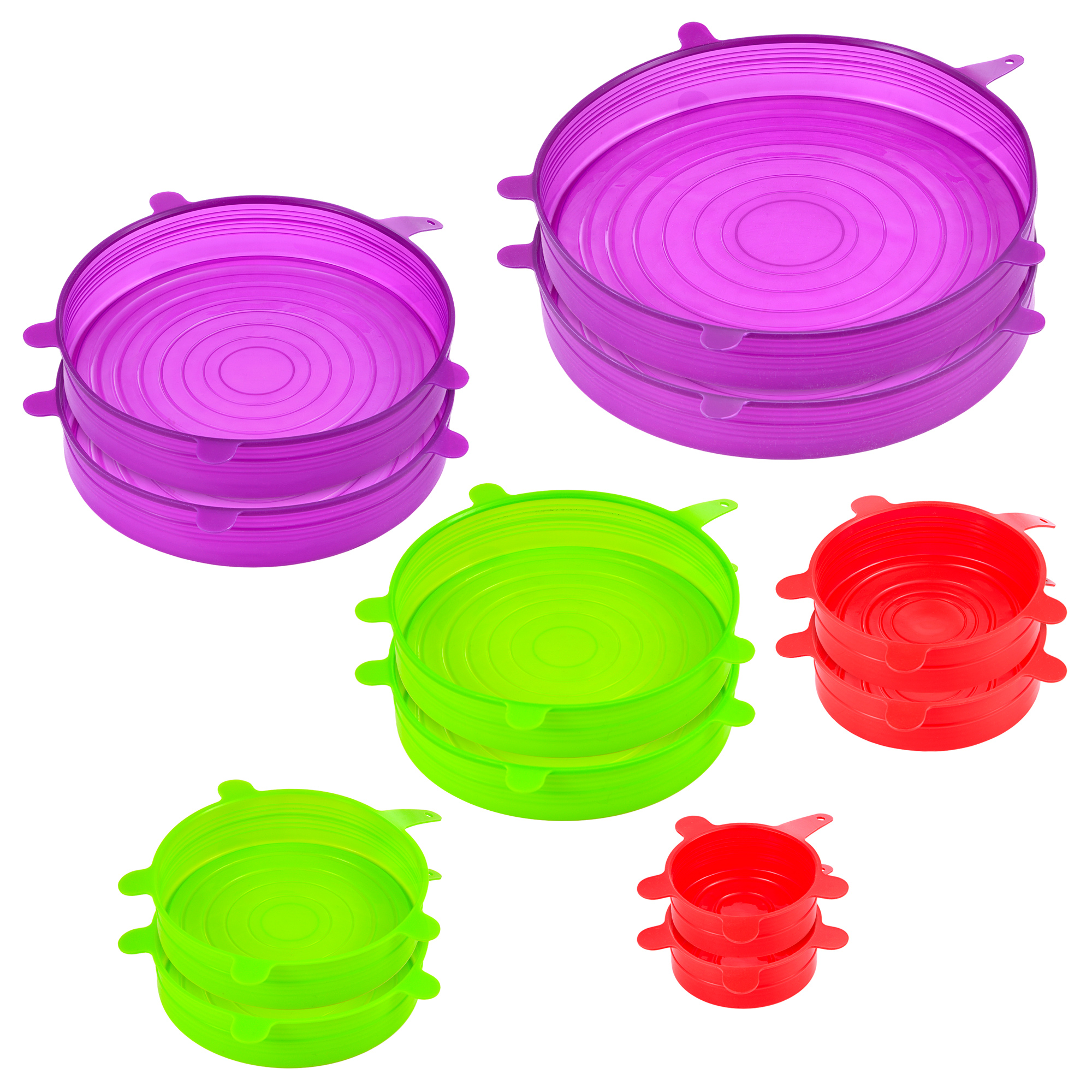 Varios tamaños de tapas de silicona coloridas. Púrpura, verde y rojo en diferentes pilas.