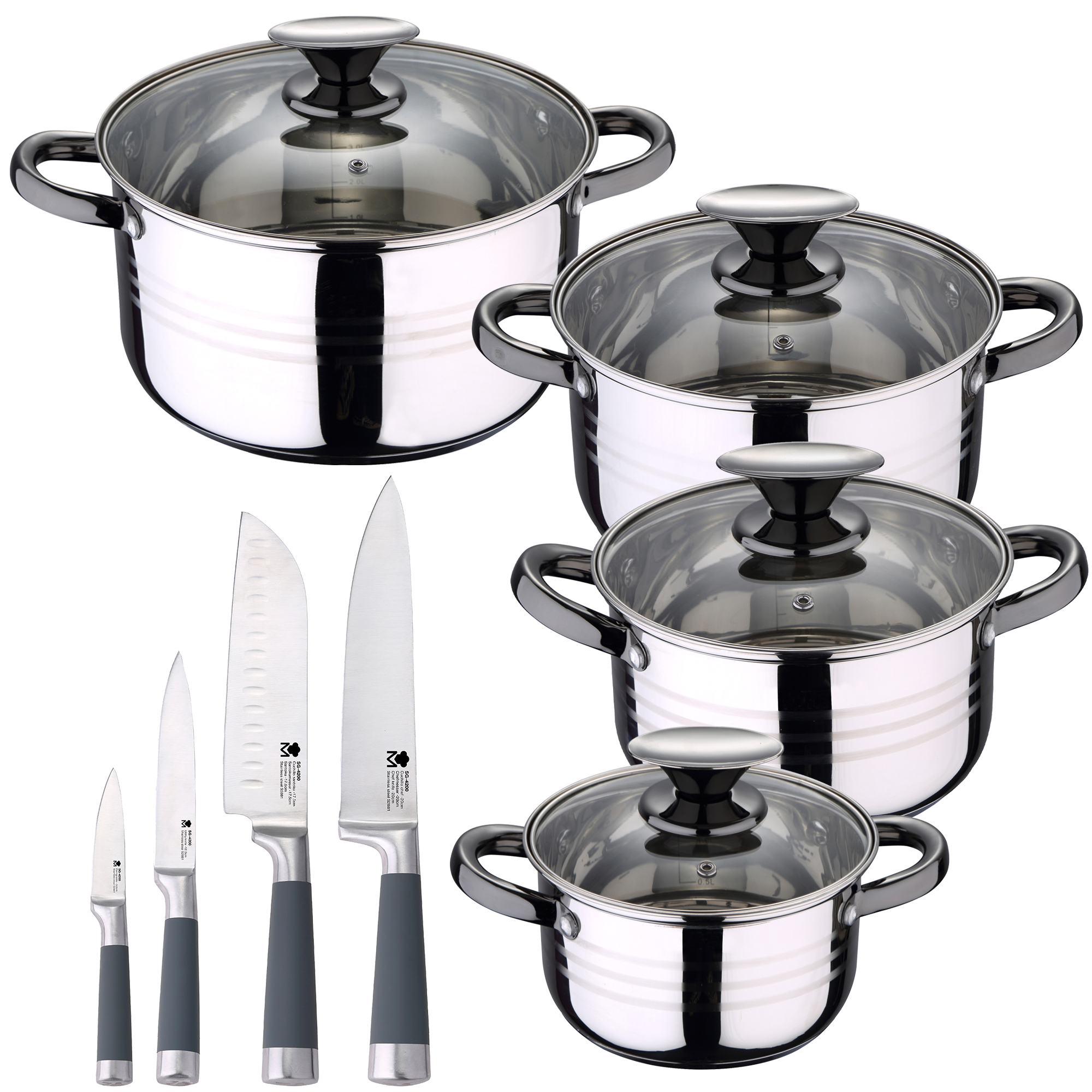 Bateria De Cocina 8 piezas apta para induccion san ignacio hita en acero inoxidable con set 4 cuchillos pk3220 8pcs