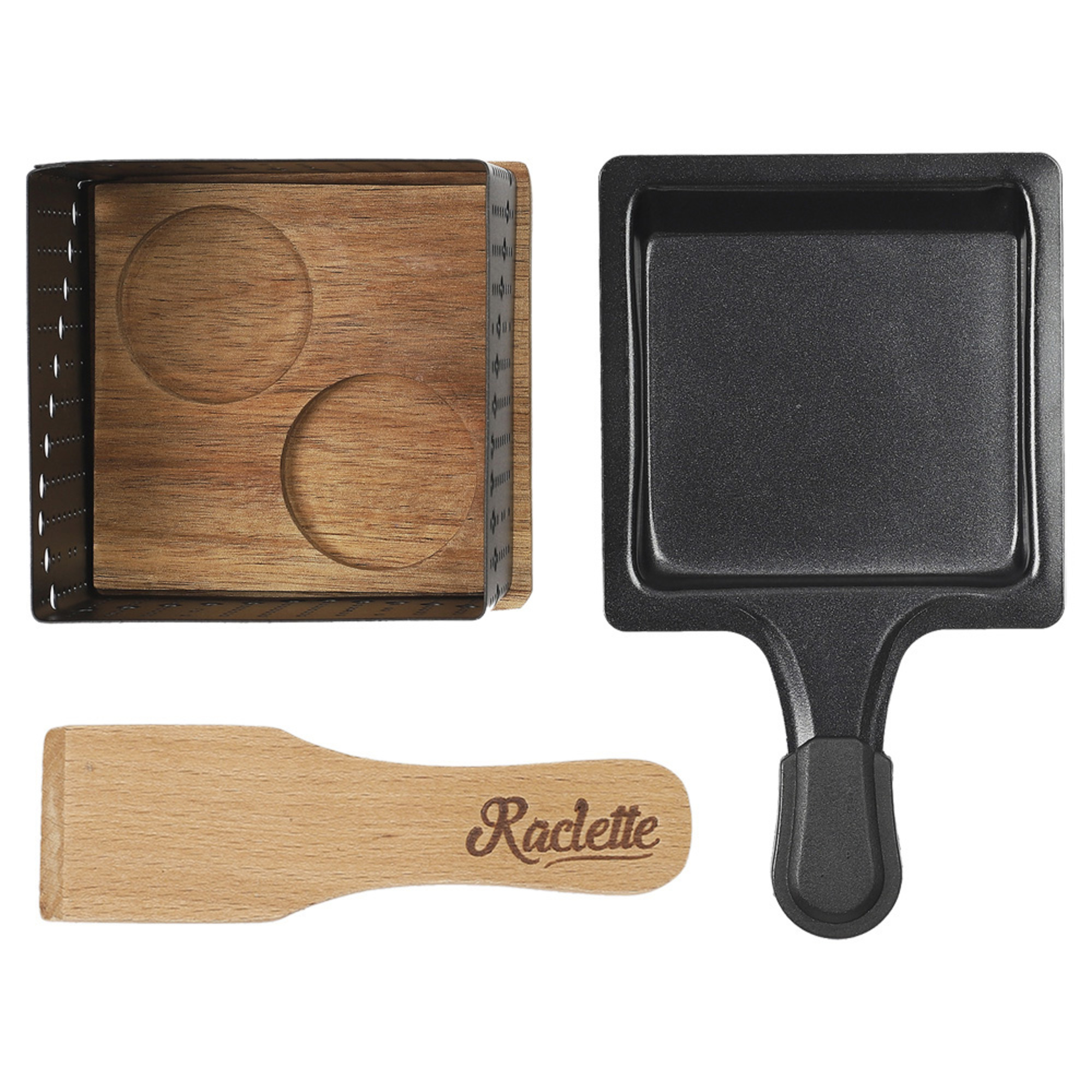 Set per raclette con una scatola di legno, una padella quadrata e una spatola di legno.