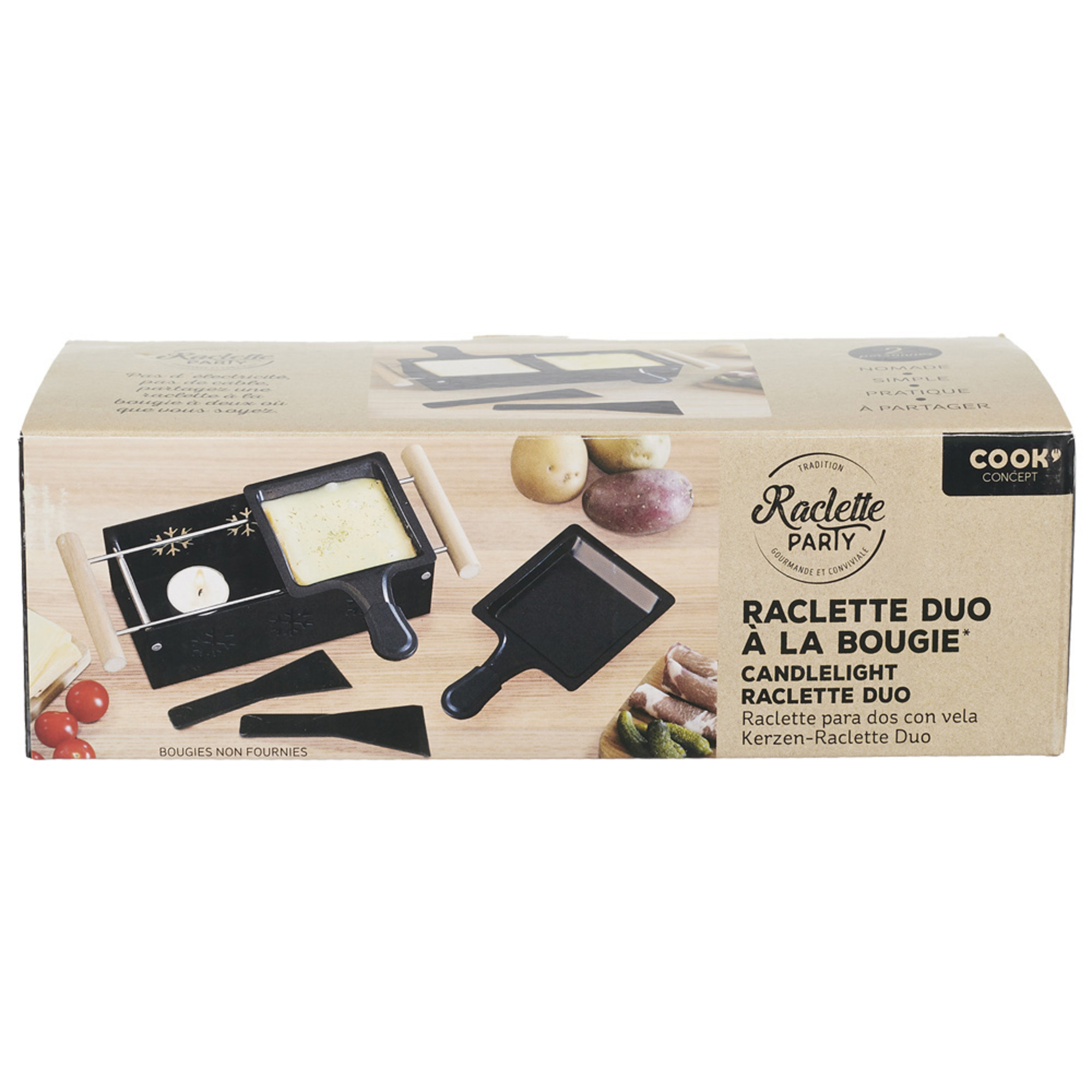 Un set Raclette Duo in scatola con formaggio, patate e accessori.
