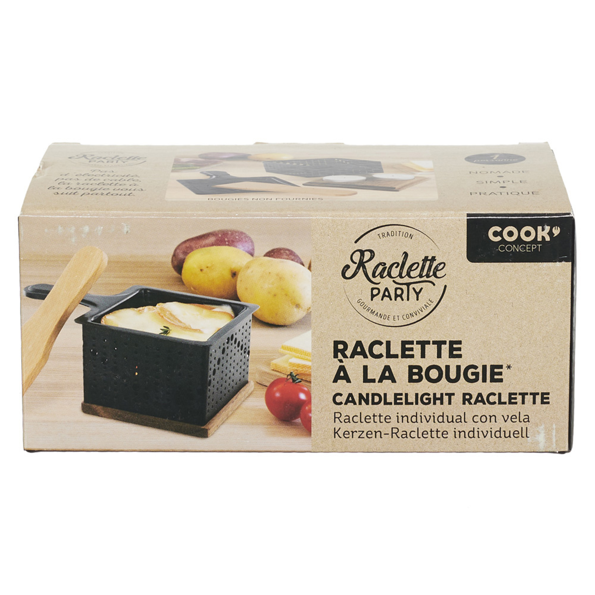 Scatola Raclette con alimenti: patate e pomodori, insieme a un forno per raclette.