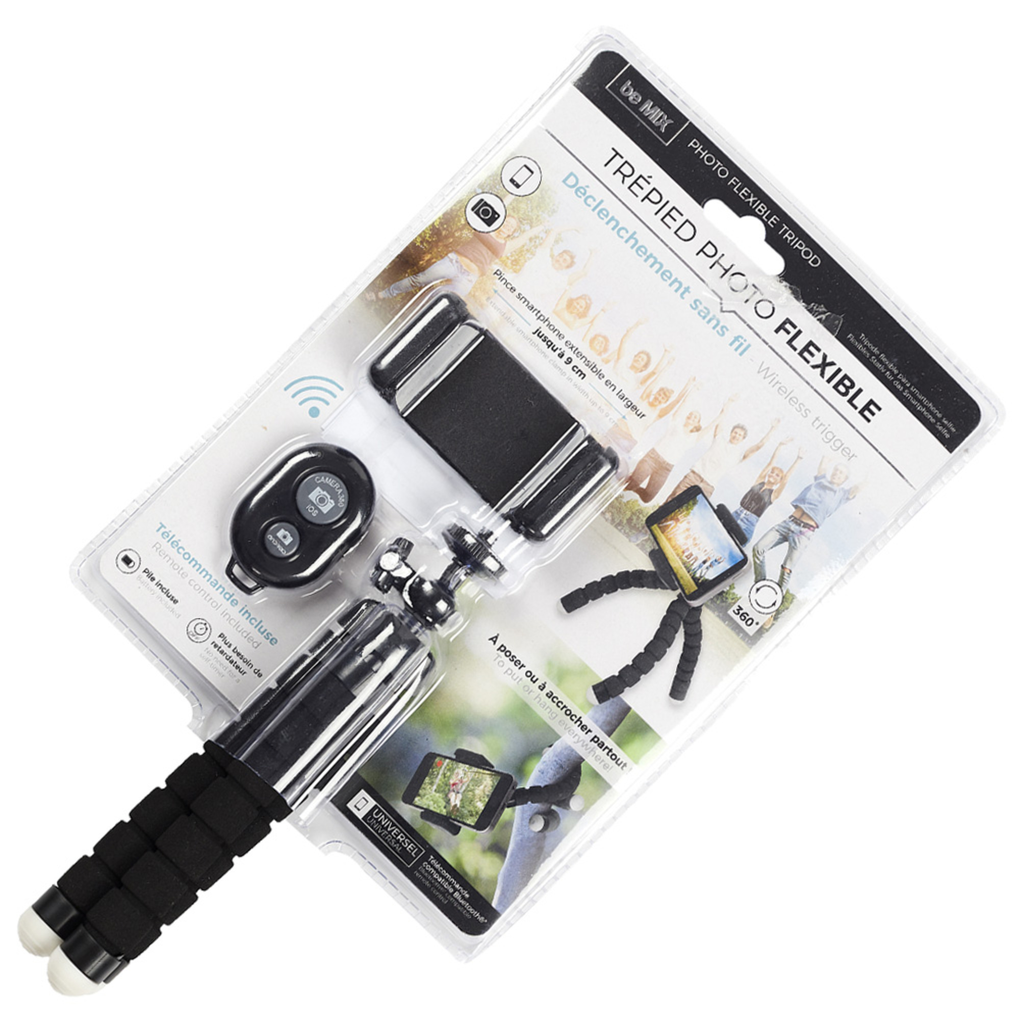 Un trípode y accesorios empaquetados en blanco. Incluye un soporte para smartphone y un control remoto.