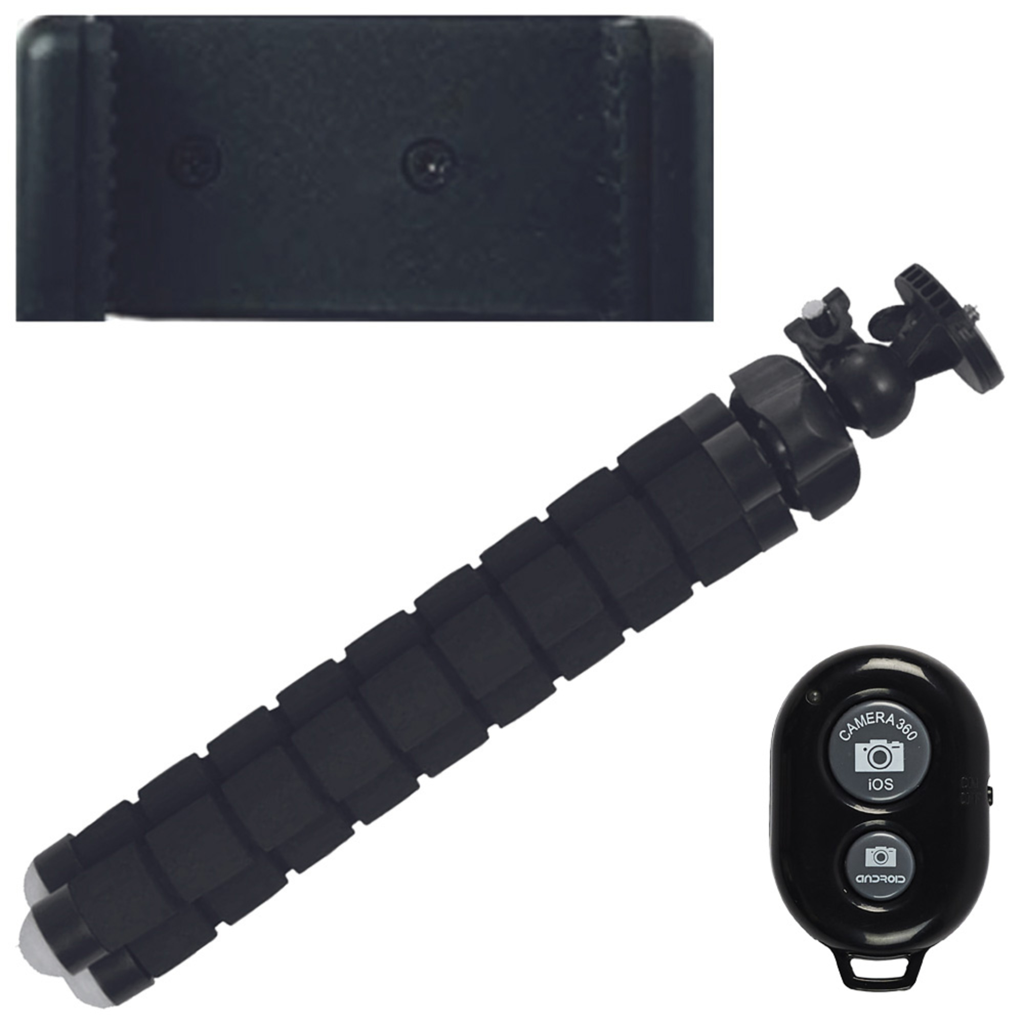 Trípode negro con control remoto. Primer plano del control remoto y la base del trípode.