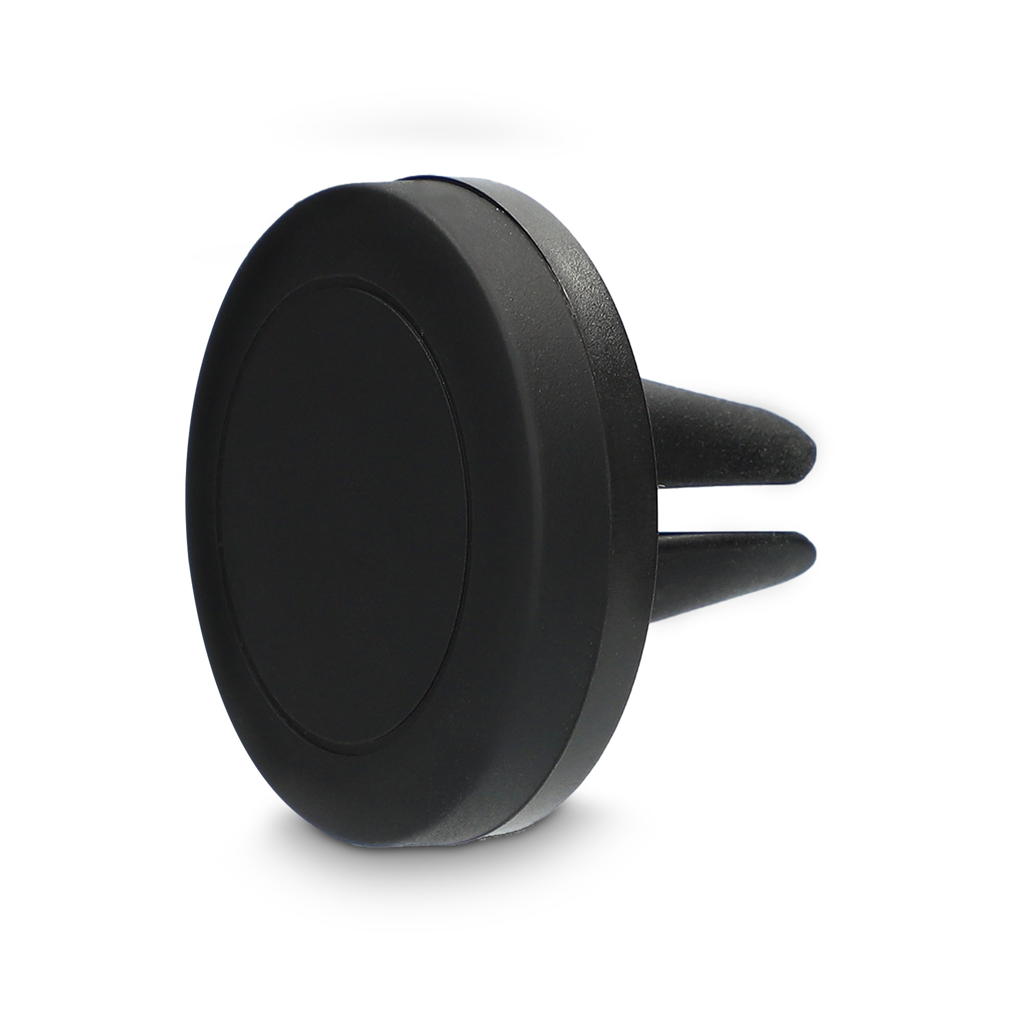 Un soporte magnético negro para teléfono de coche, vista lateral, sobre fondo blanco.