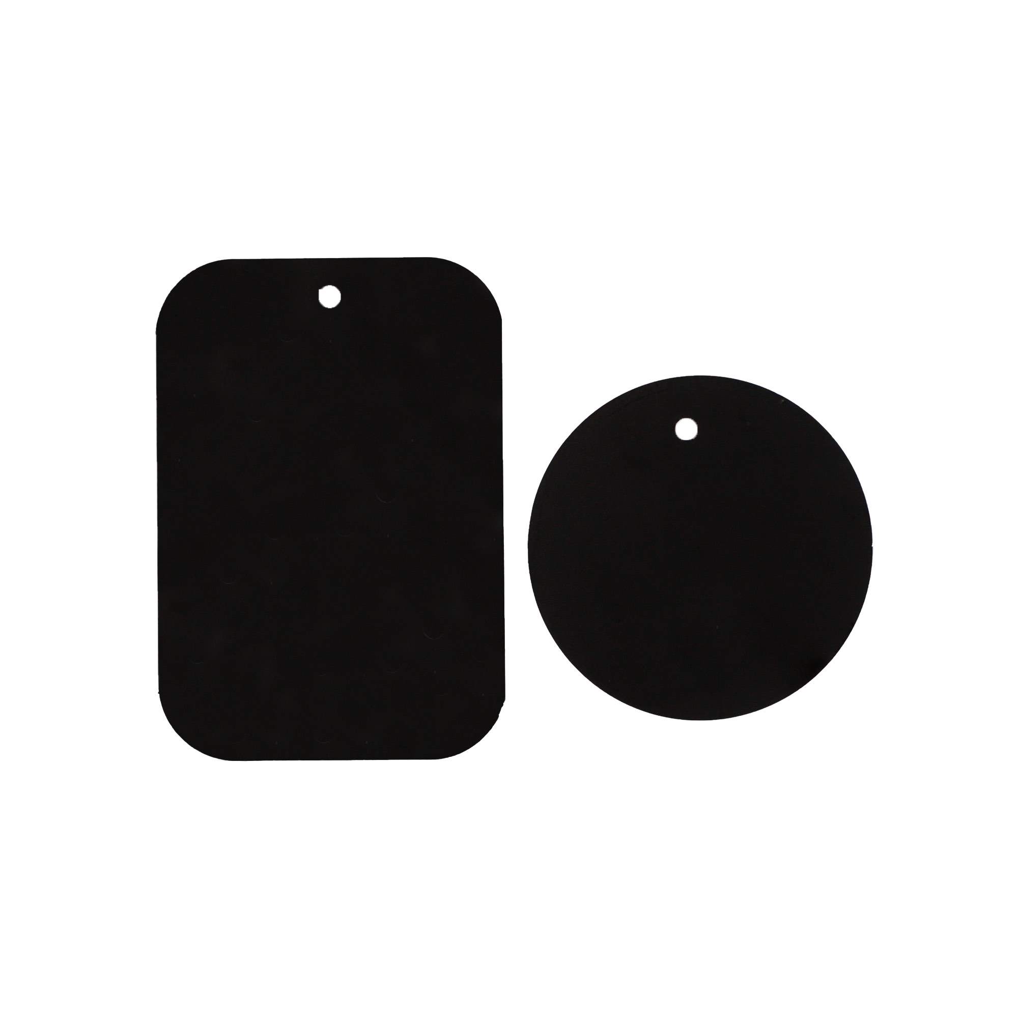 Dos placas magnéticas negras rectangulares y circulares. Para teléfonos u otros dispositivos.