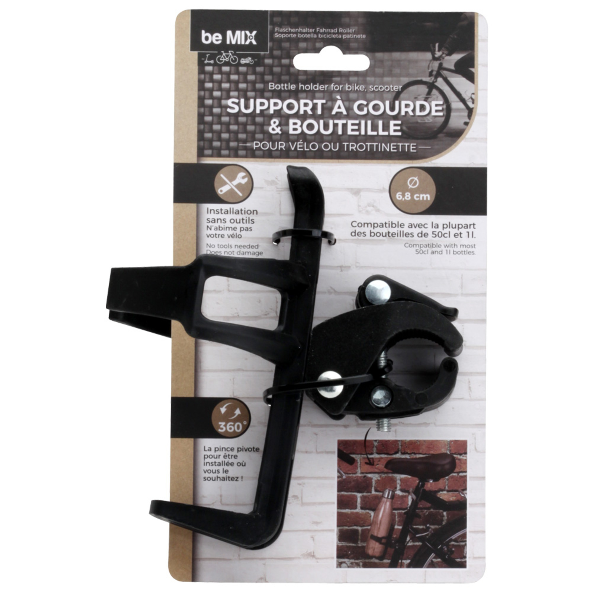 Portabotellas negro para bicicleta o scooter, con texto y diagramas sobre fondo blanco. Detalles negros y plateados.
