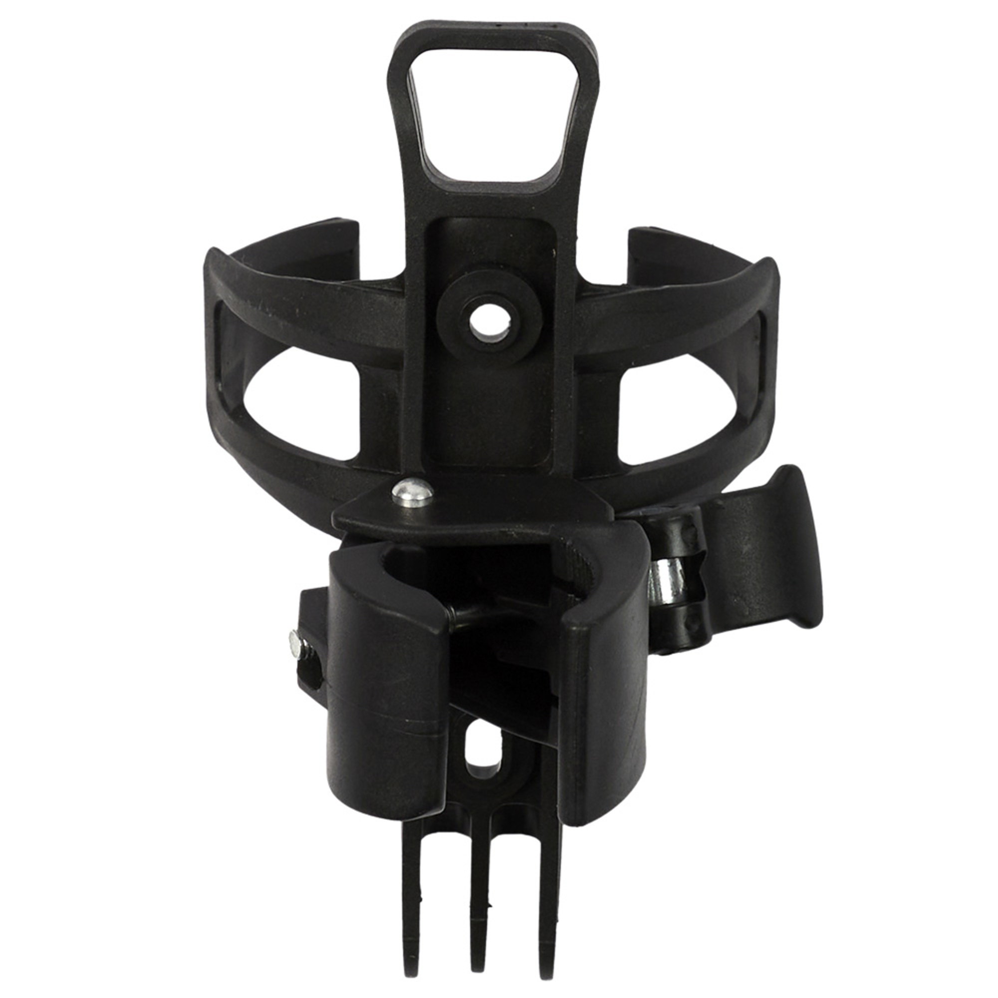 Portabotellas negro para bicicleta, con mecanismo de sujeción.