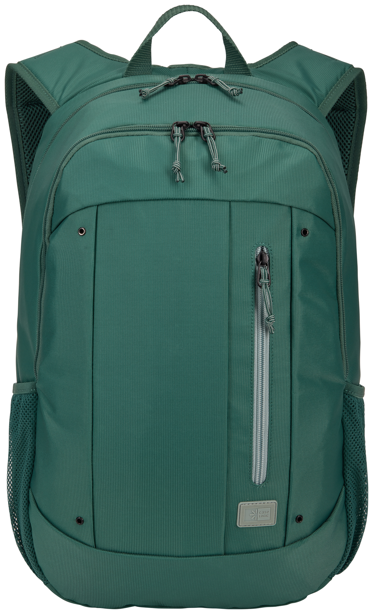 Una mochila verde con múltiples compartimentos y cremallera.