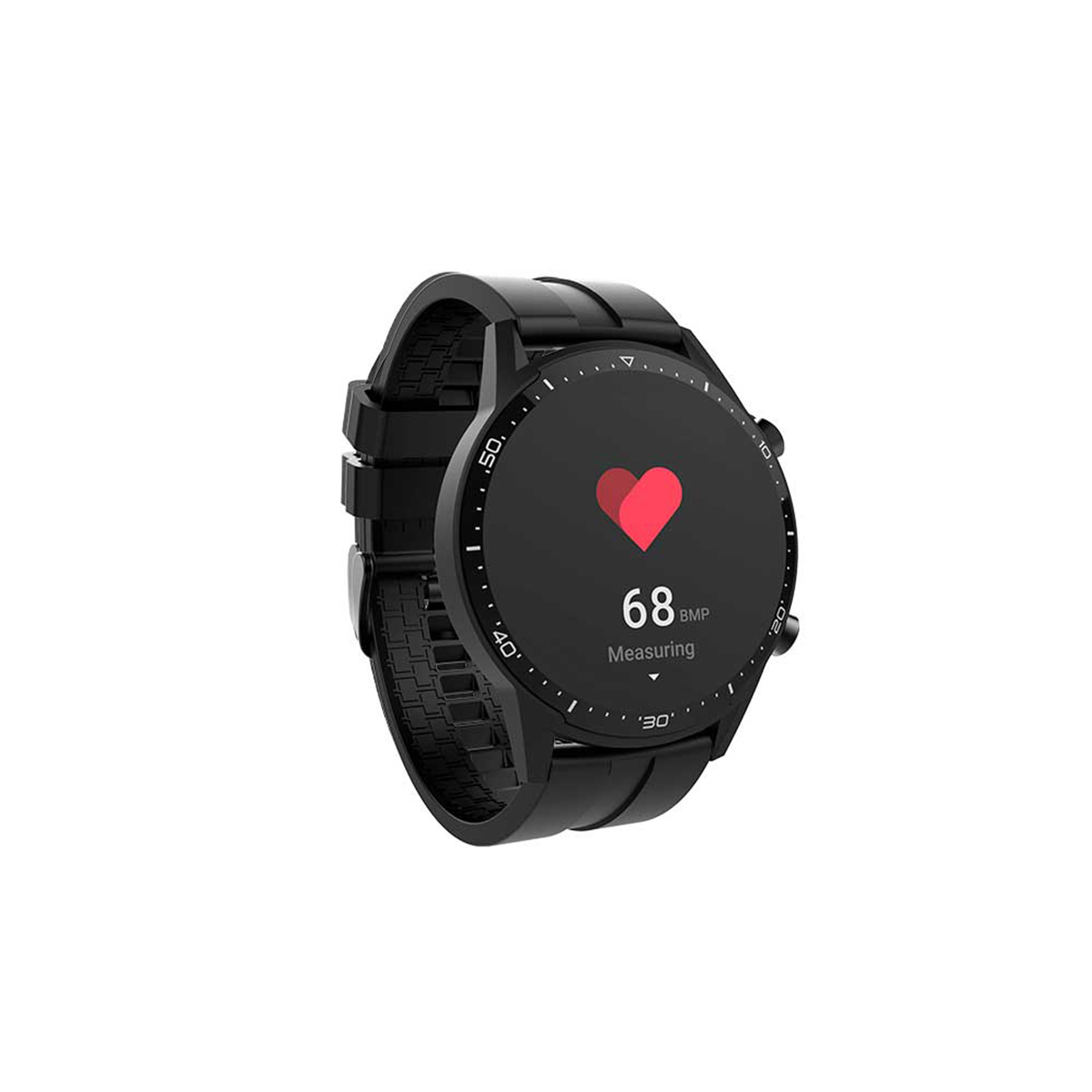 Black smartwatch with heart rate displayed. Red heart icon, 68 BPM. Black strap, white background.
