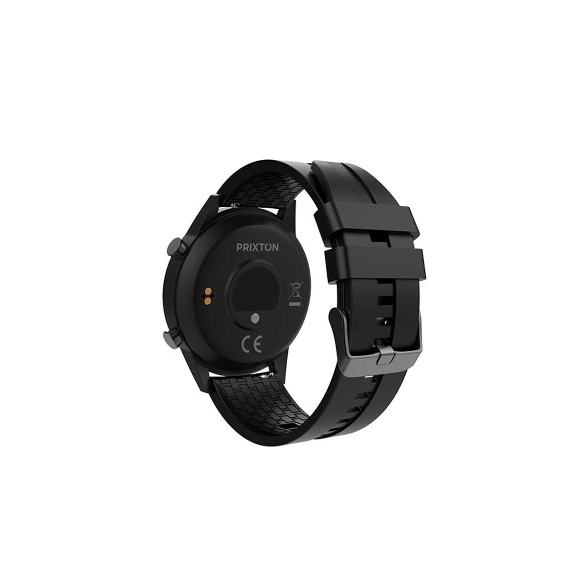 Black smartwatch back view. Brand name, CE mark, and sensors visible. White background.