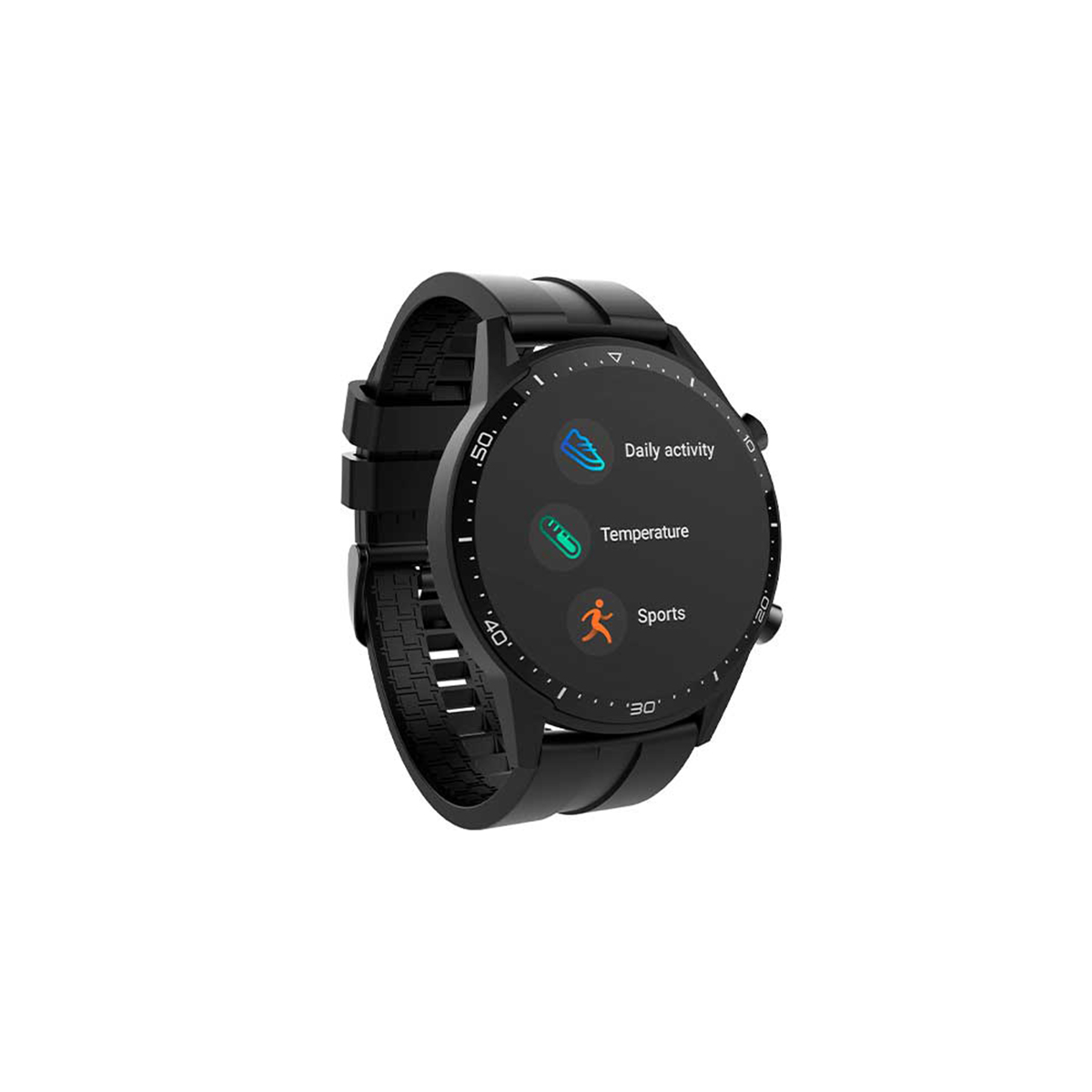 Black smartwatch with a round face, displaying daily activity, temperature, and sports icons.
