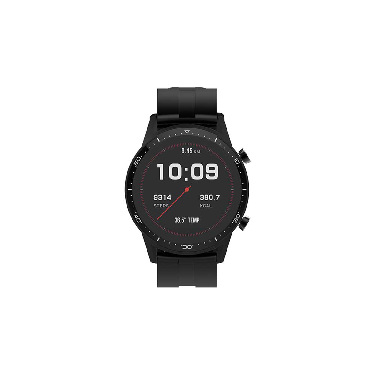 Black smartwatch displaying time, steps, and calories. Black strap. White background.
