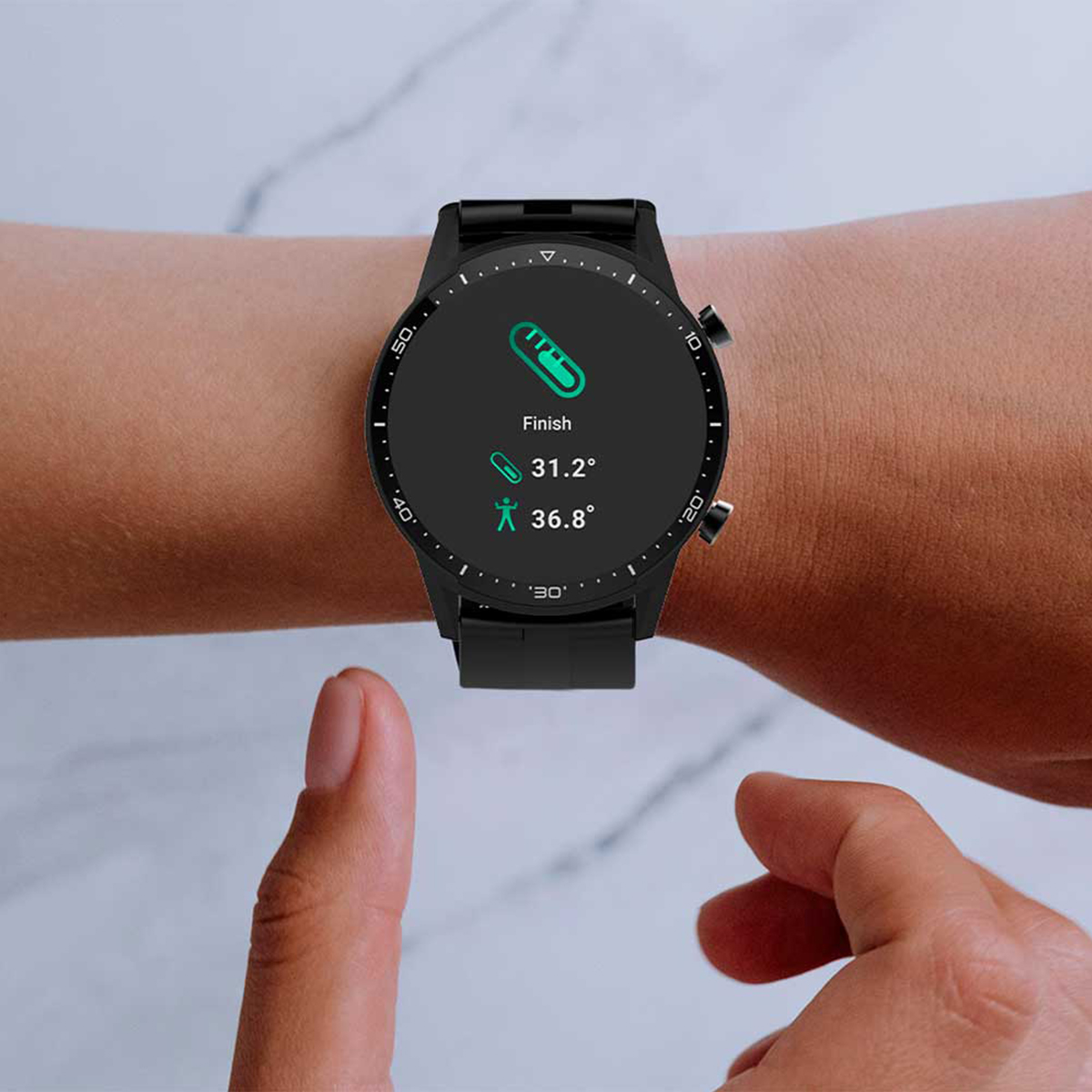 A smartwatch showing heart rate data on a wrist, with a person's finger pointing.