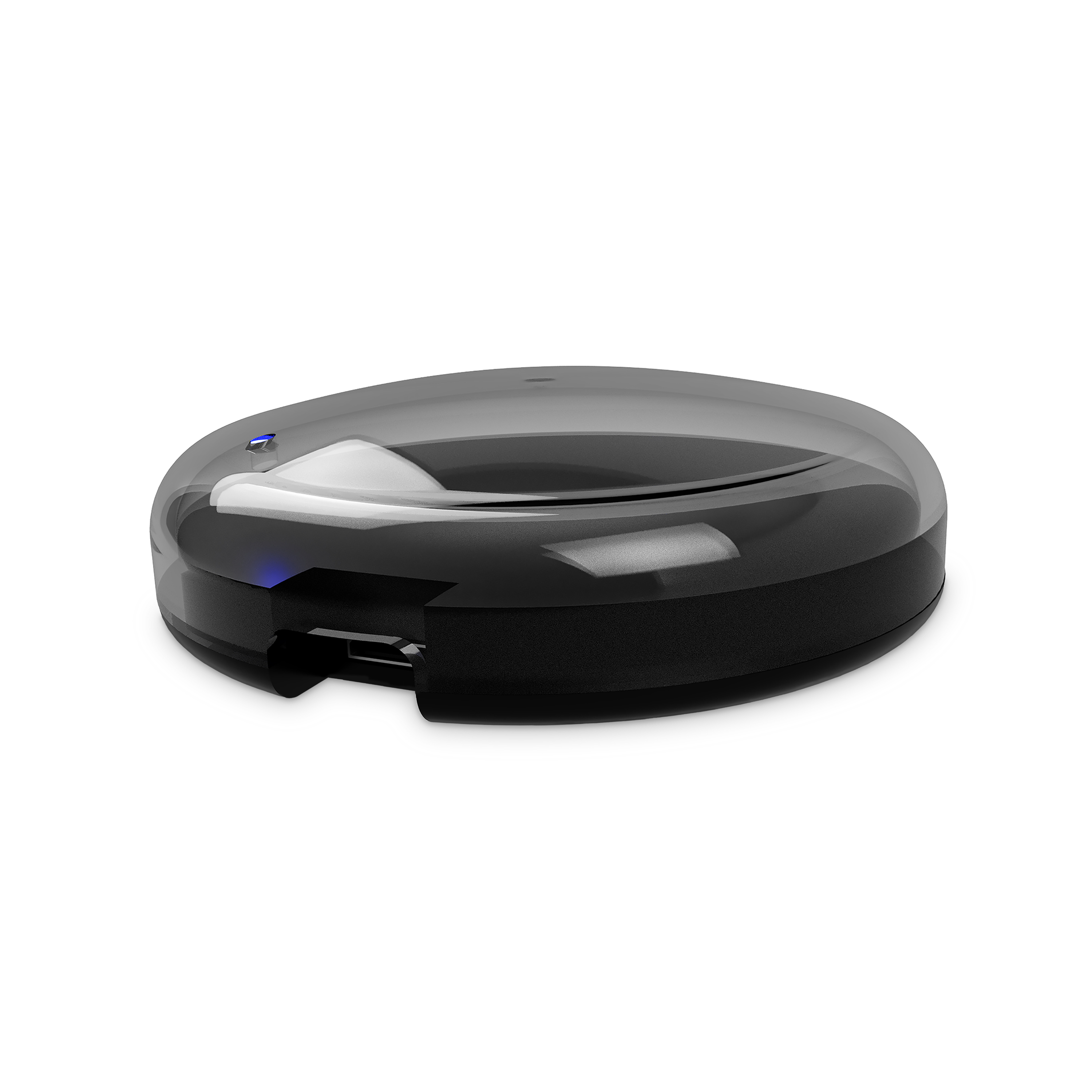 Un dispositivo negro y redondo con una parte superior translúcida y un puerto USB.