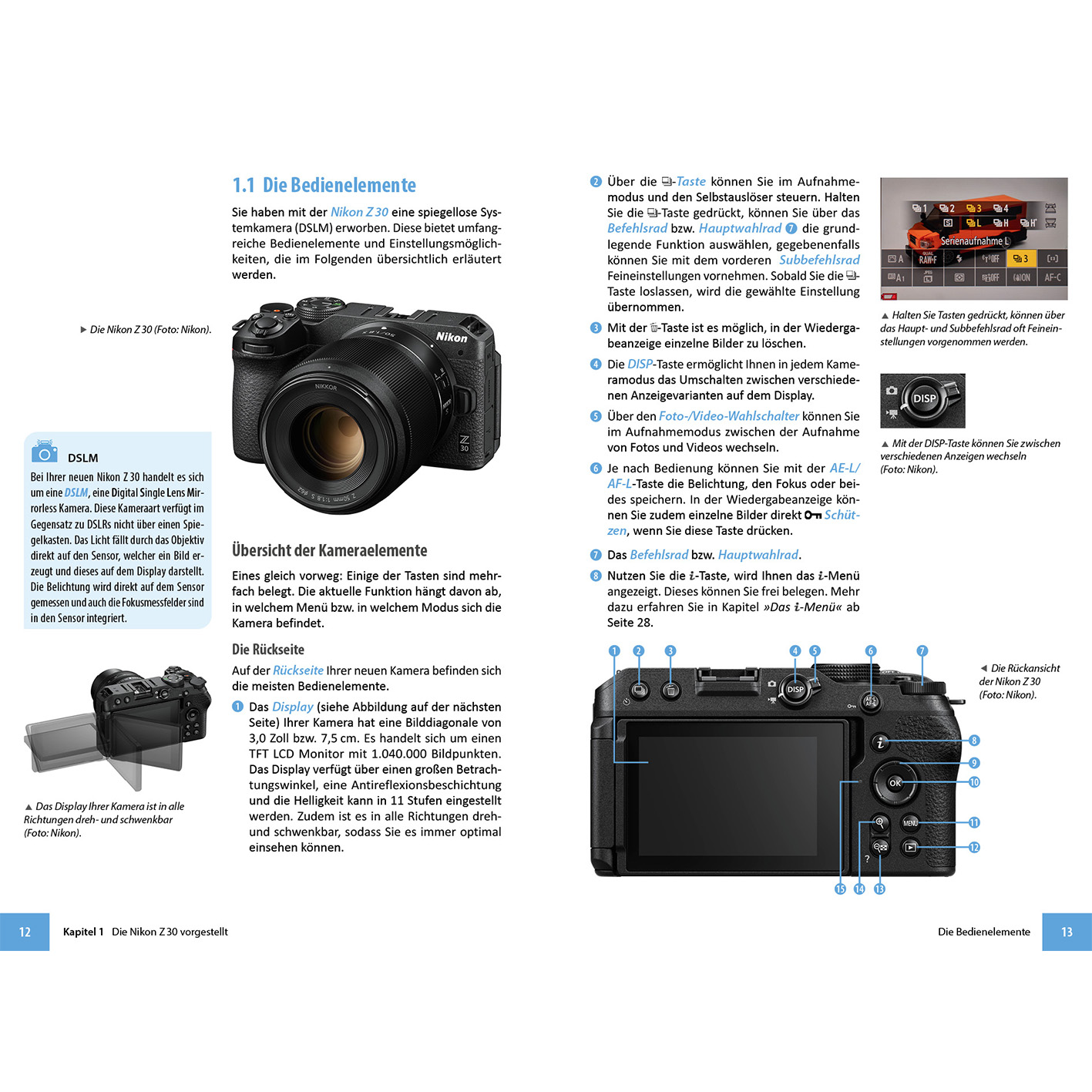 Kamera-Handbuchseite mit Nikon-Kamera, Text und Bedienelementen.