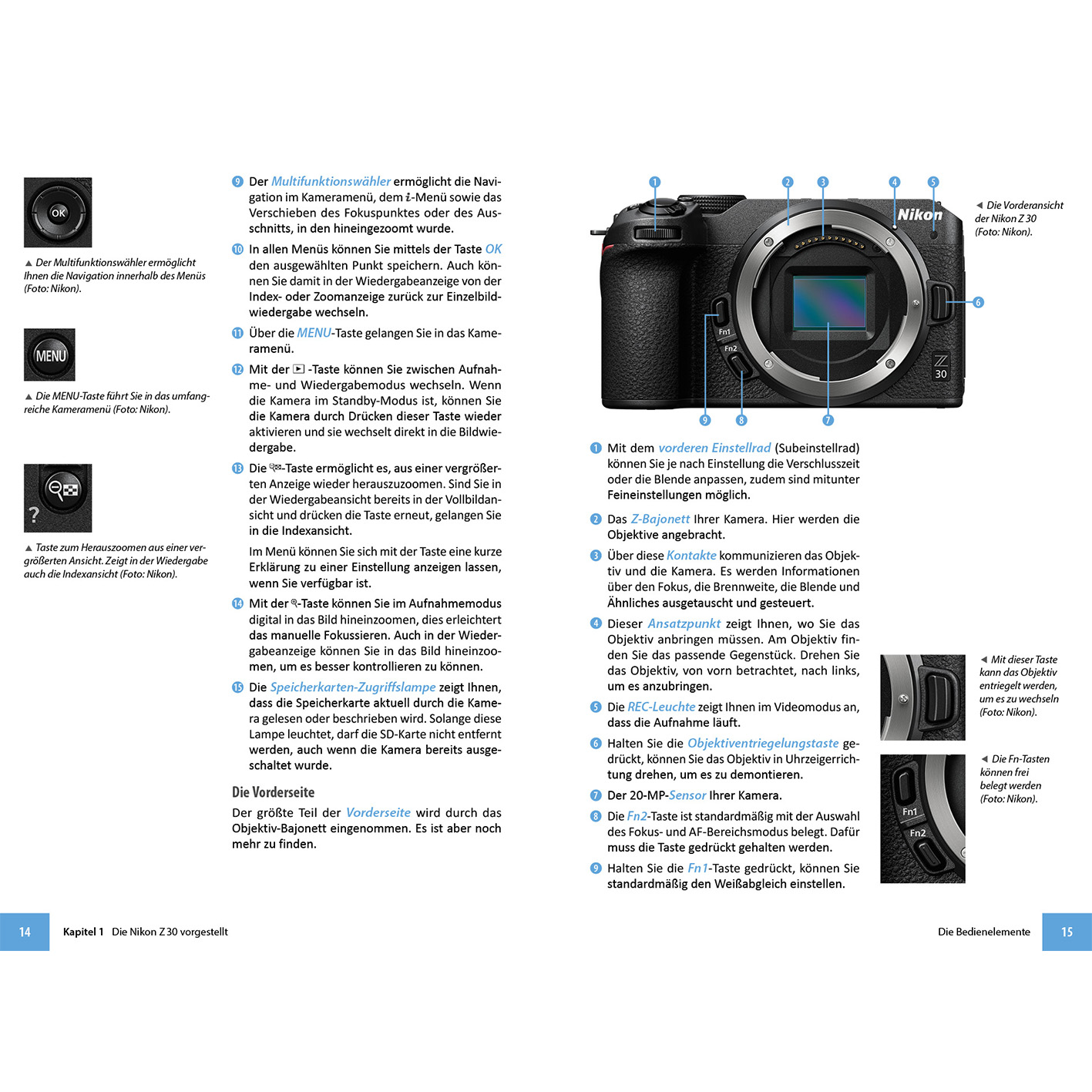 Eine Nikon Z 30 Kamera mit verschiedenen beschrifteten Teilen. Die Kamera ist schwarz und hat ein Objektiv angebracht.
