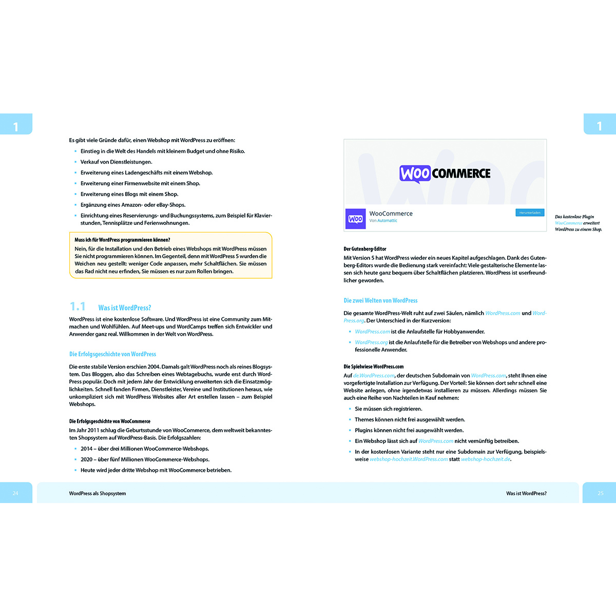 Seiten einer Broschüre über WordPress. Text und Grafiken, einschließlich des WooCommerce-Logos.