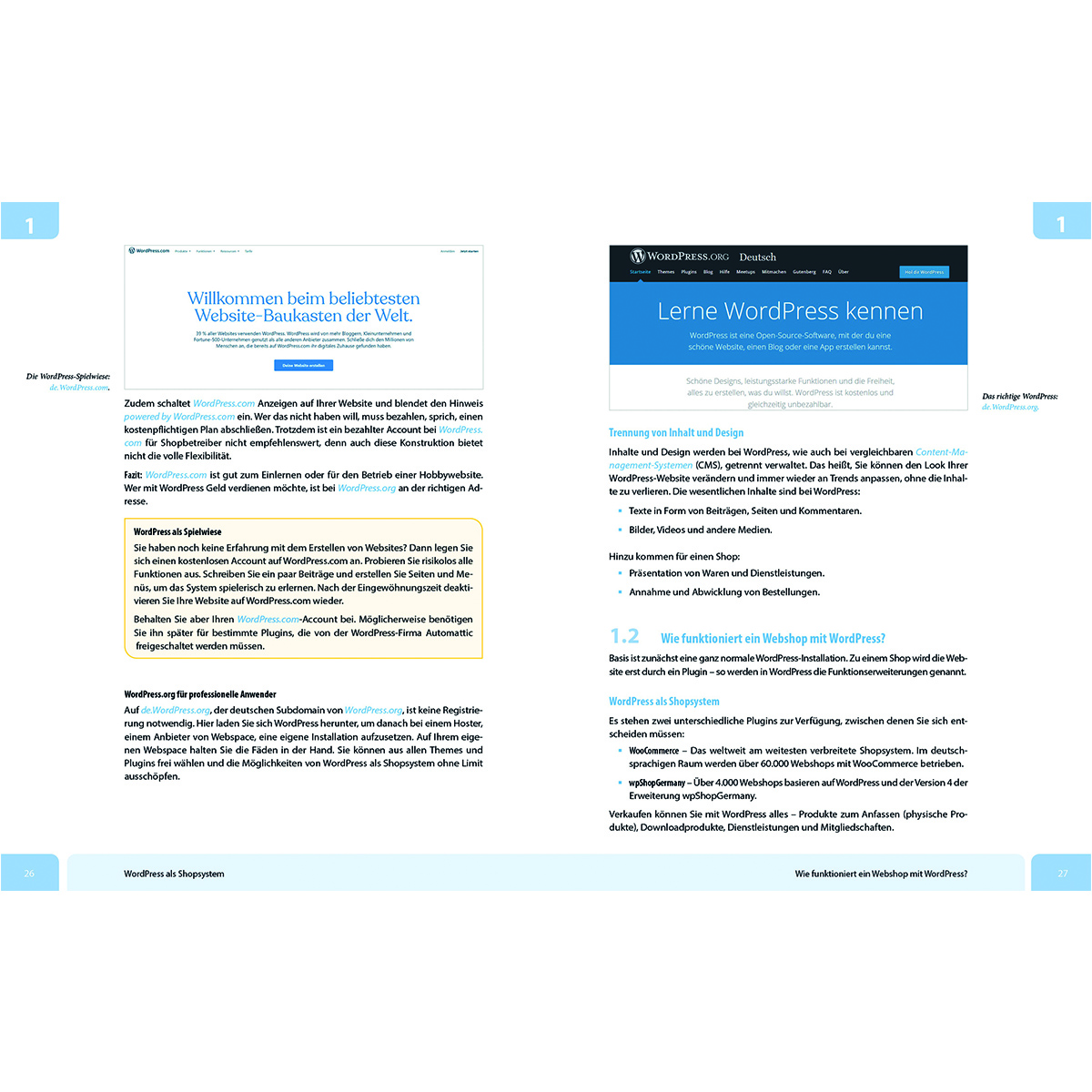 Zweiseitige Doppelseite. Linke Seite: Website-Builder-Info. Rechte Seite: WordPress kennenlernen, Content-Design und Shopsystem.