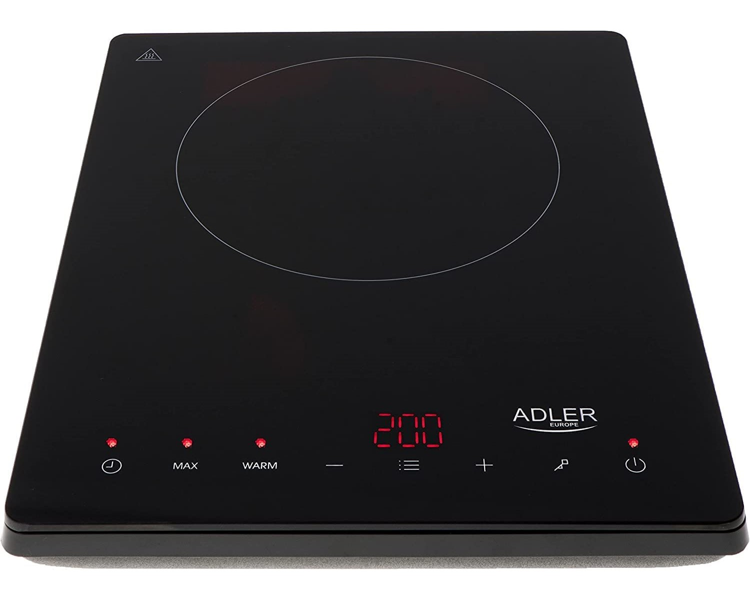 Schwarzes Induktionskochfeld mit roter Anzeige 200. Mit Ein/Aus, Timer, Max und Warm-Einstellungen.