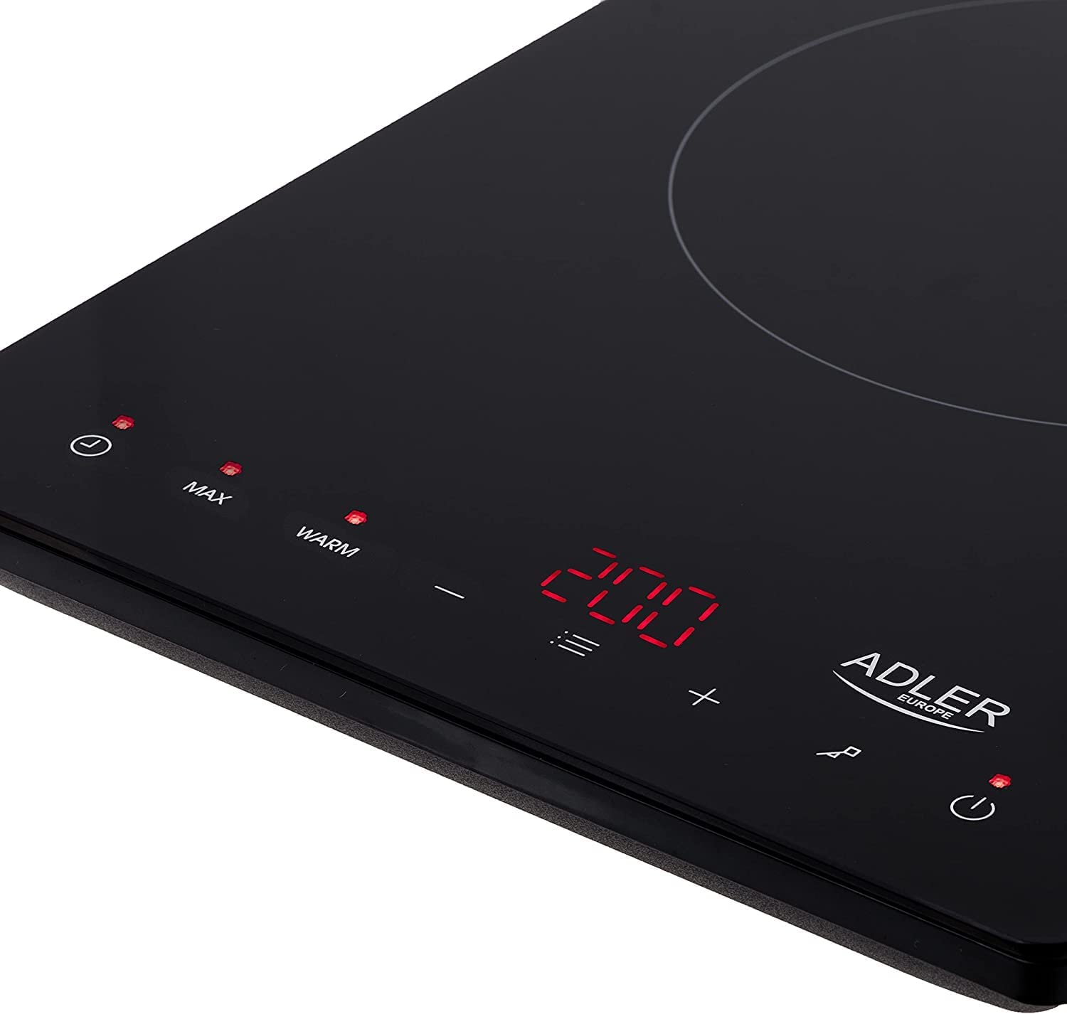 Schwarzes Induktionskochfeld mit roter Digitalanzeige '200' und Bedienknöpfen.