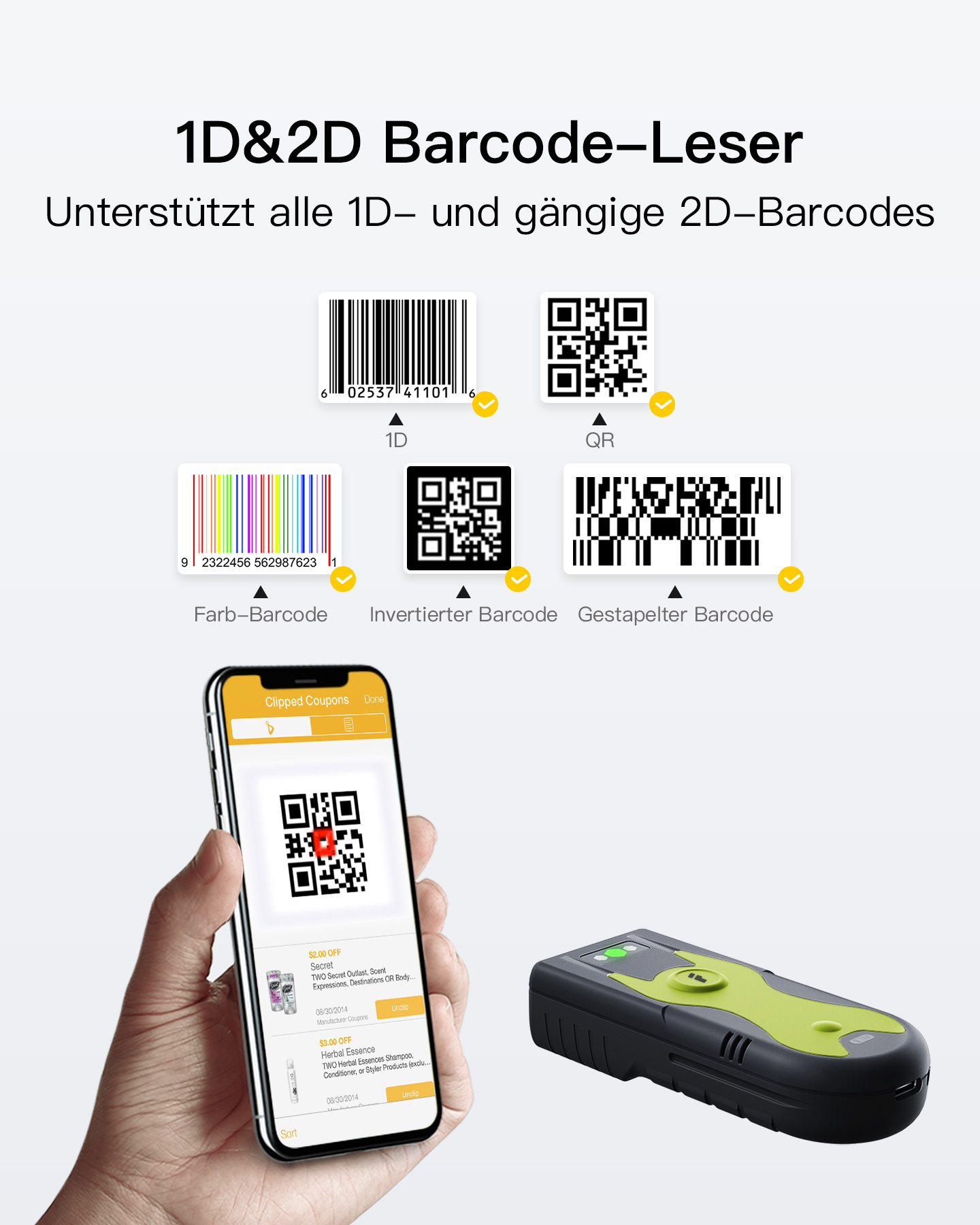 Eine Person hält ein Telefon, das einen QR-Code anzeigt. Verschiedene Barcodes und ein Scanner sind ebenfalls zu sehen.