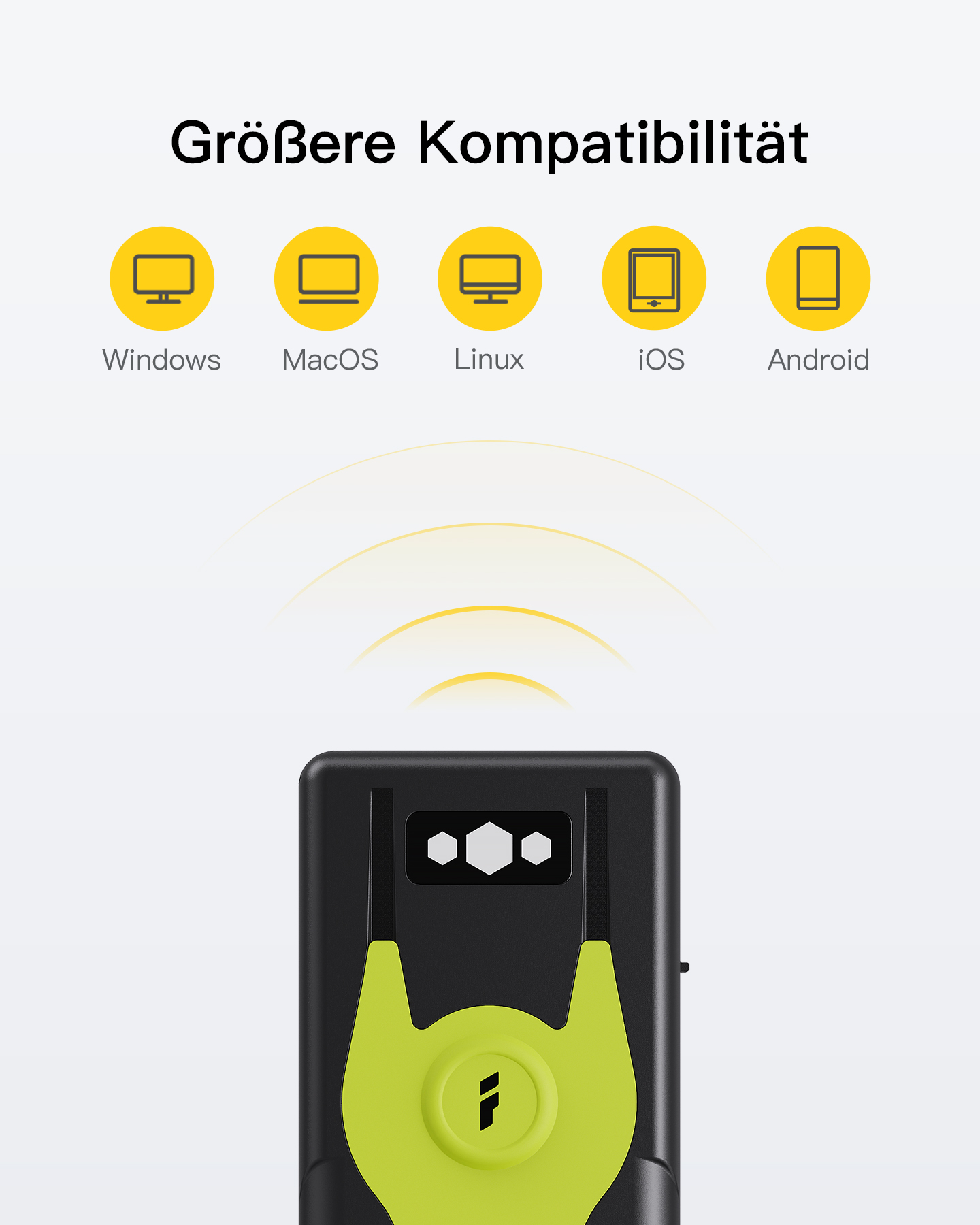 Ein schwarzes Gerät mit grüner Form und gelben Symbolen für Windows, MacOS, Linux, iOS und Android.