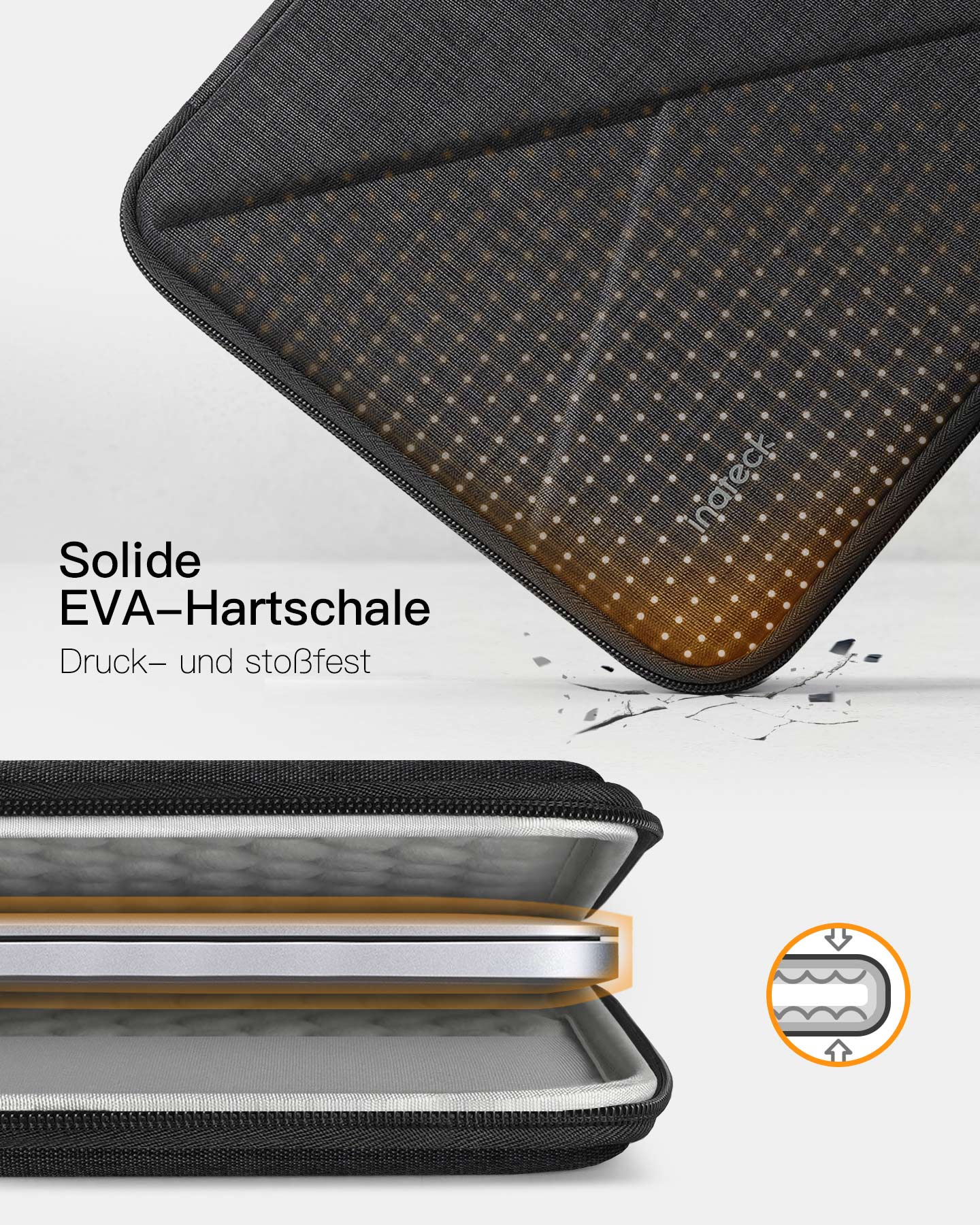 Nahaufnahme eines grauen Tech-Koffers, offen. Text auf Deutsch: Solide EVA-Hartschale.