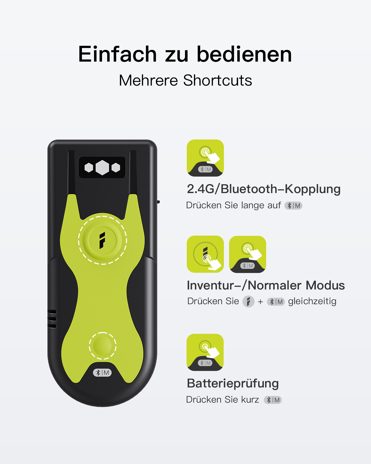 Diagramm, das ein Gerät mit grünem Zentrum zeigt, mit Beschriftungen für Bluetooth und Akku.