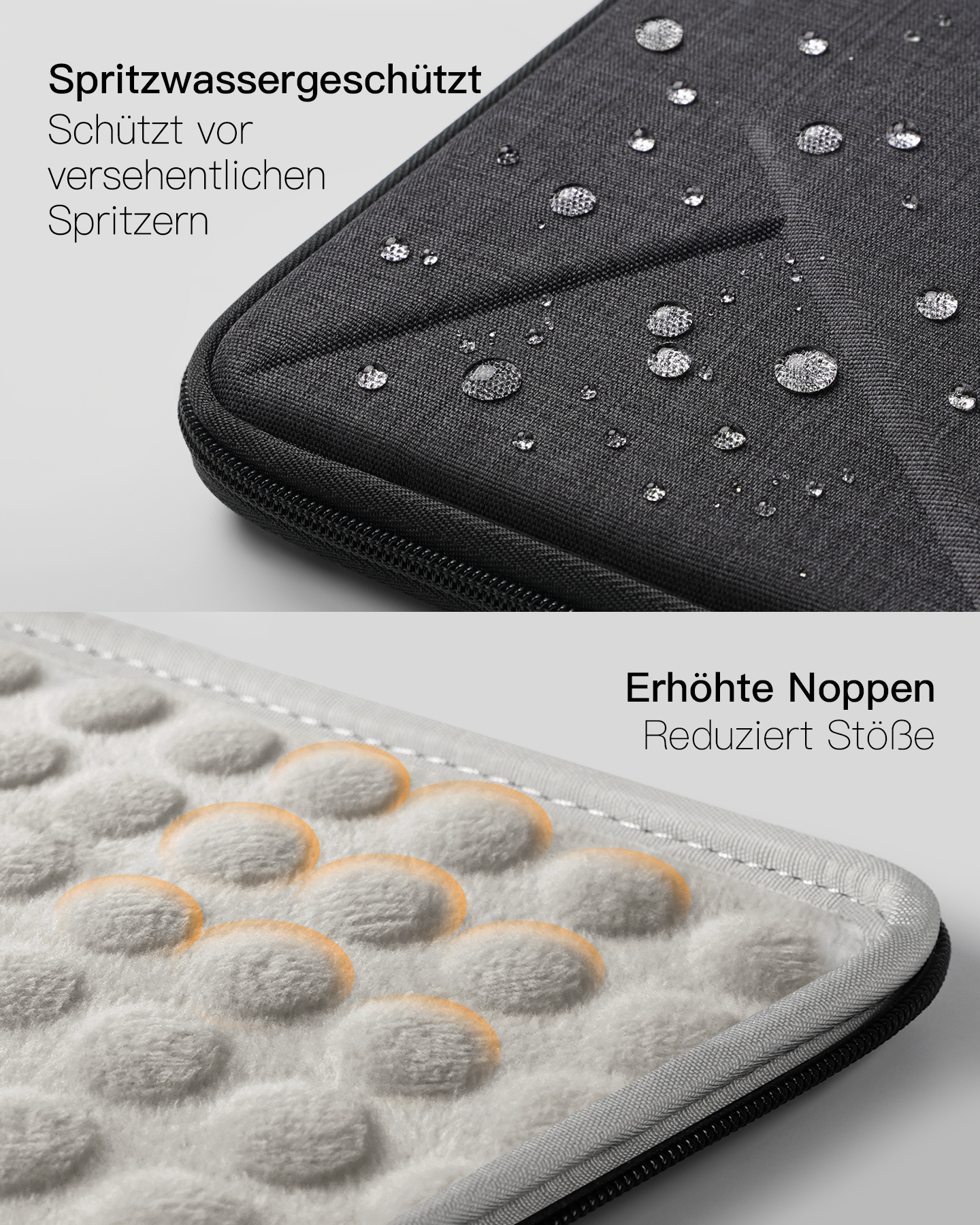 Nahaufnahme der Laptoptasche, grauer Stoff und weiche Innenpolsterung. Weißer Hintergrund.