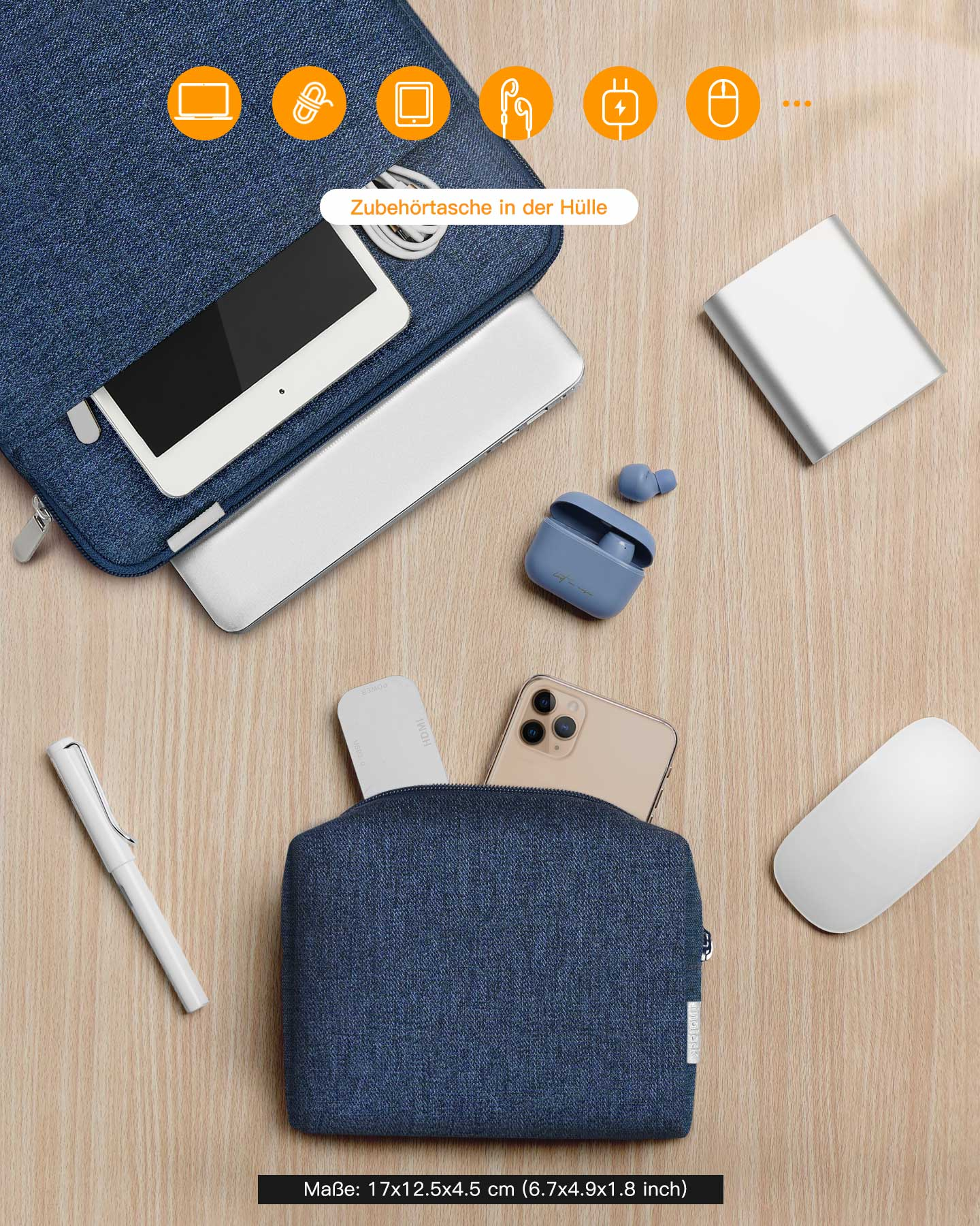 Zubehör in einer Tasche auf Holz: Telefon, Ohrhörer, Maus, Ladegerät und Stift.